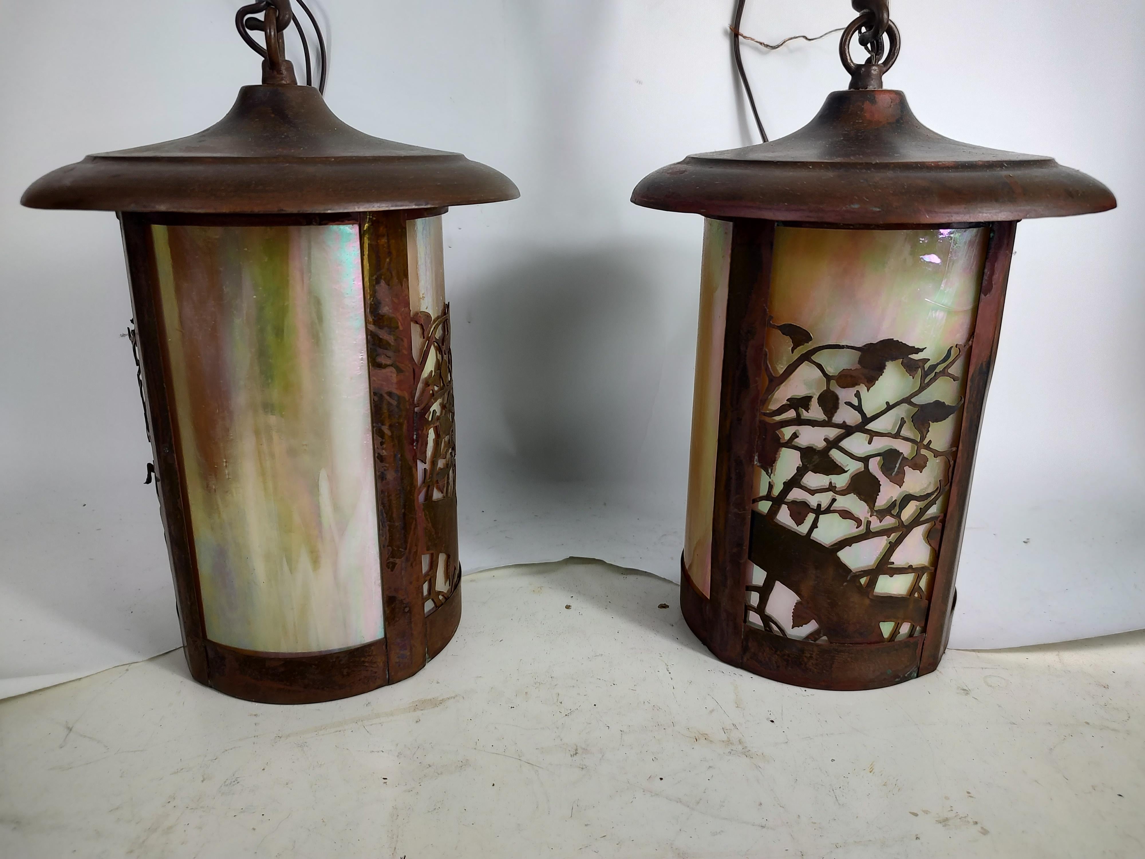 Arts & Crafts Copper with Slag Glass Shades Pendant Lighting 4 Available  For Sale 3