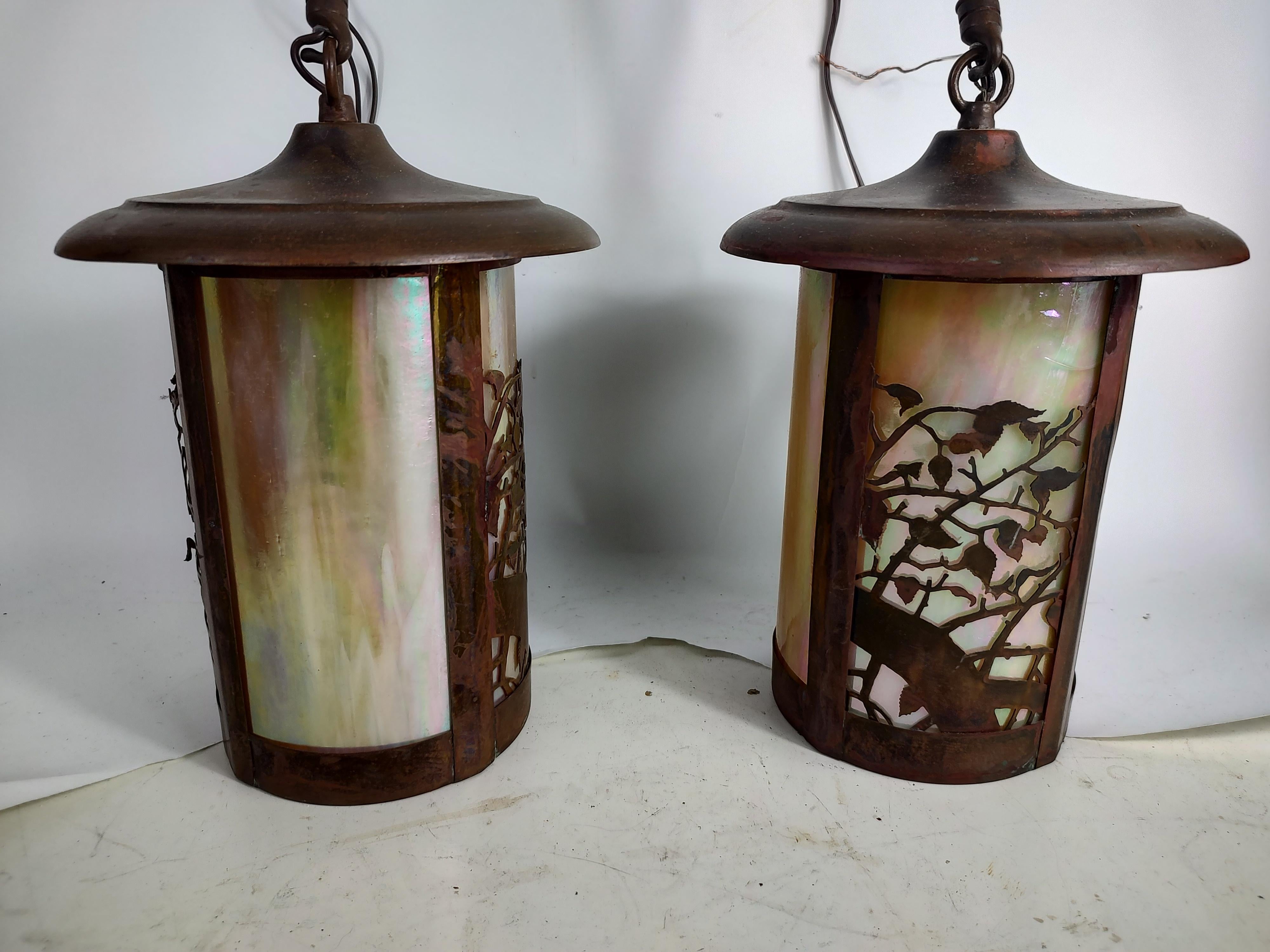 Arts & Crafts Copper with Slag Glass Shades Pendant Lighting 4 Available  For Sale 4
