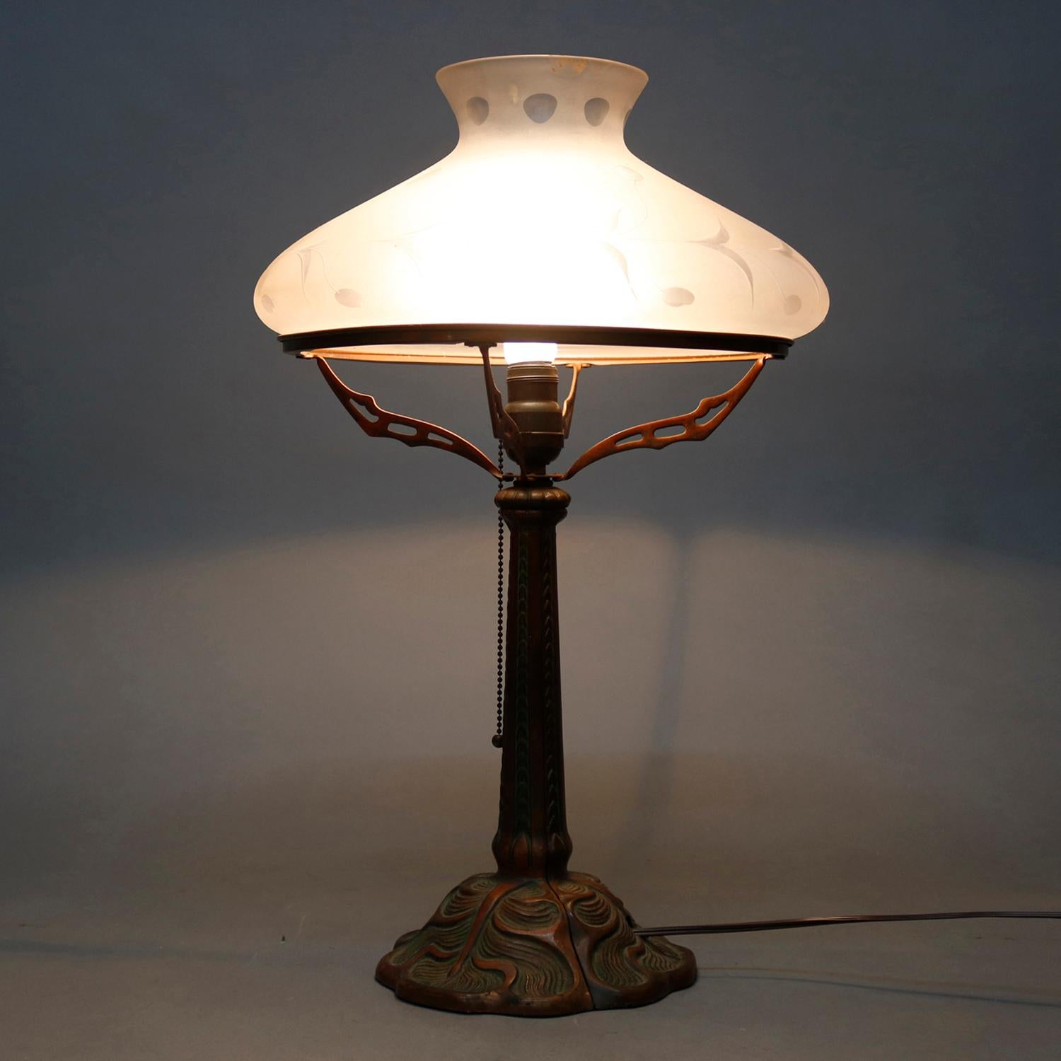 Cast Arts & Crafts Coppered Table Lamp and Acid Etched Glass Tam-O-Shanter Shade