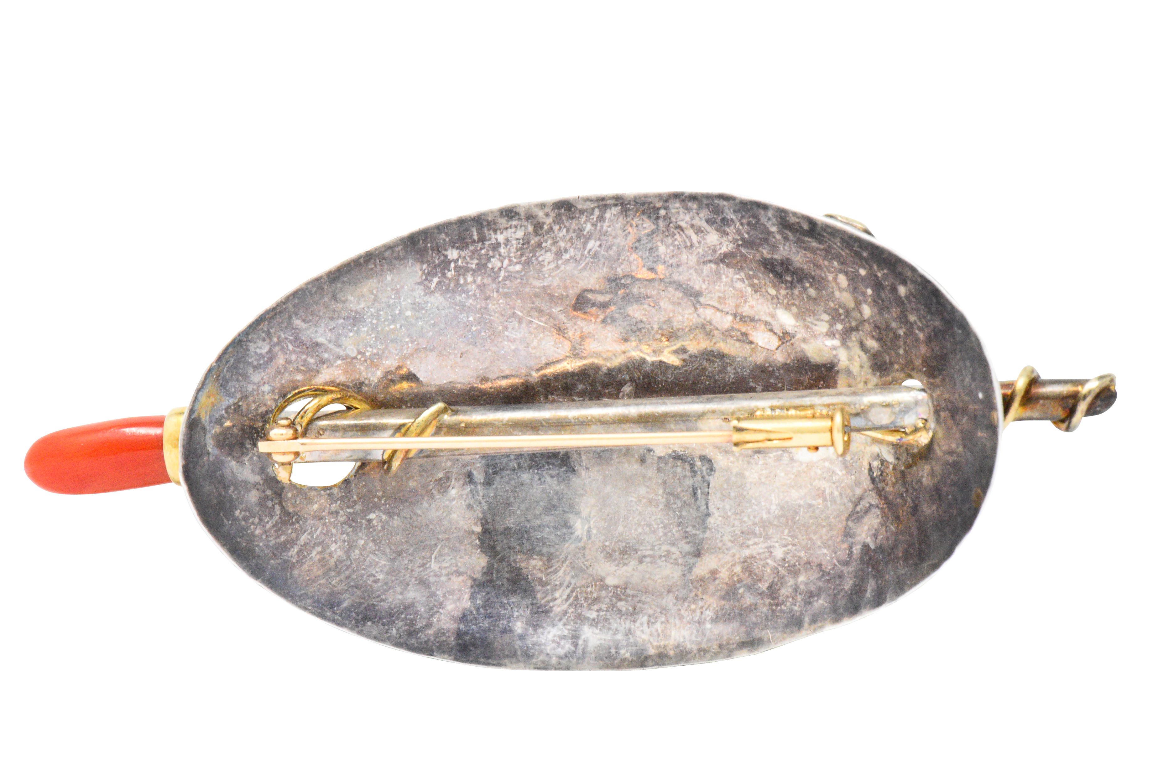 Arts & Crafts Coral 14 Karat Gold Sterling Silver Hair Pin Brooch (Ovalschliff)