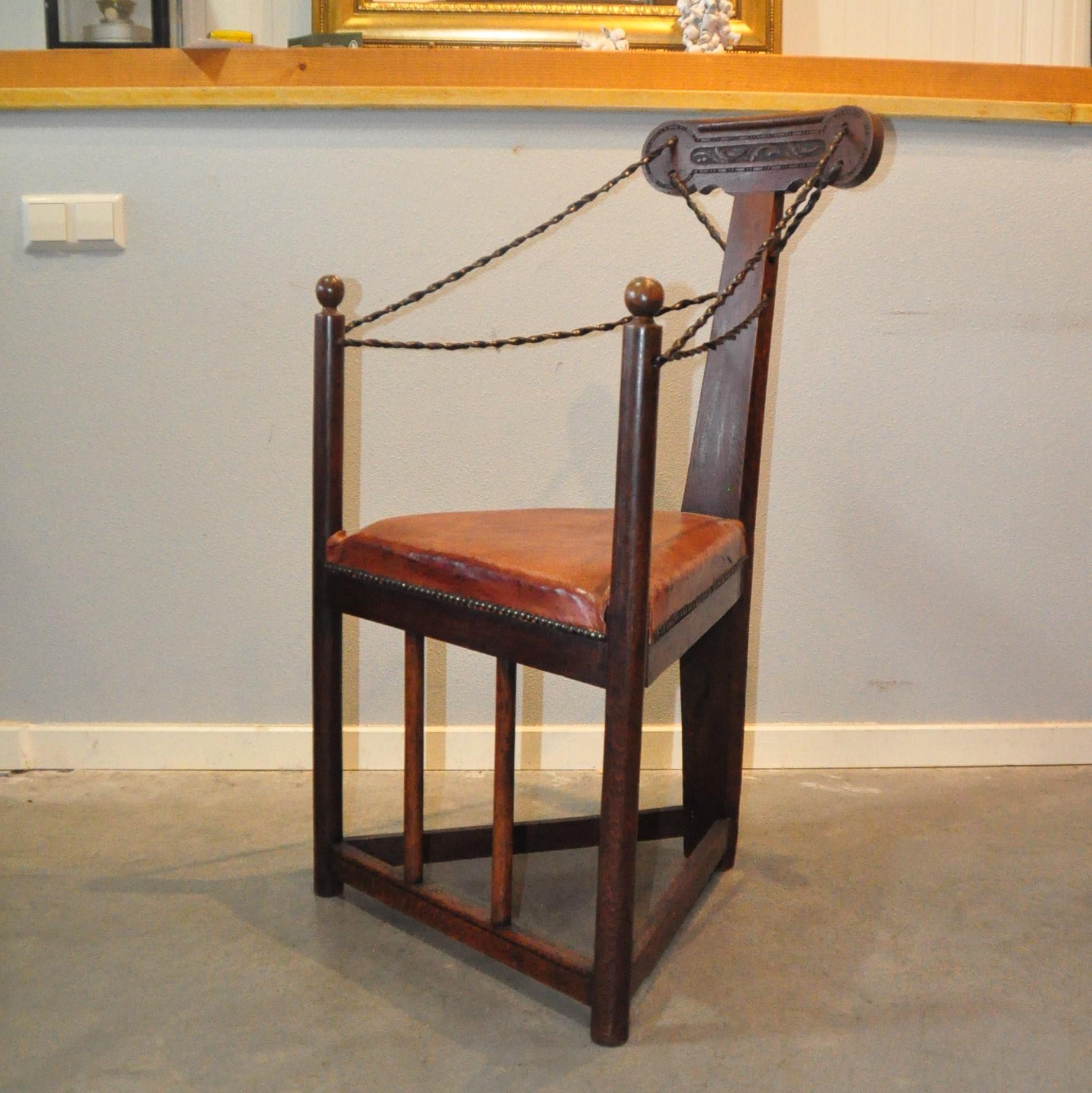 Arts and Crafts Arts & Crafts Corner Chair with Leather Turned Straps