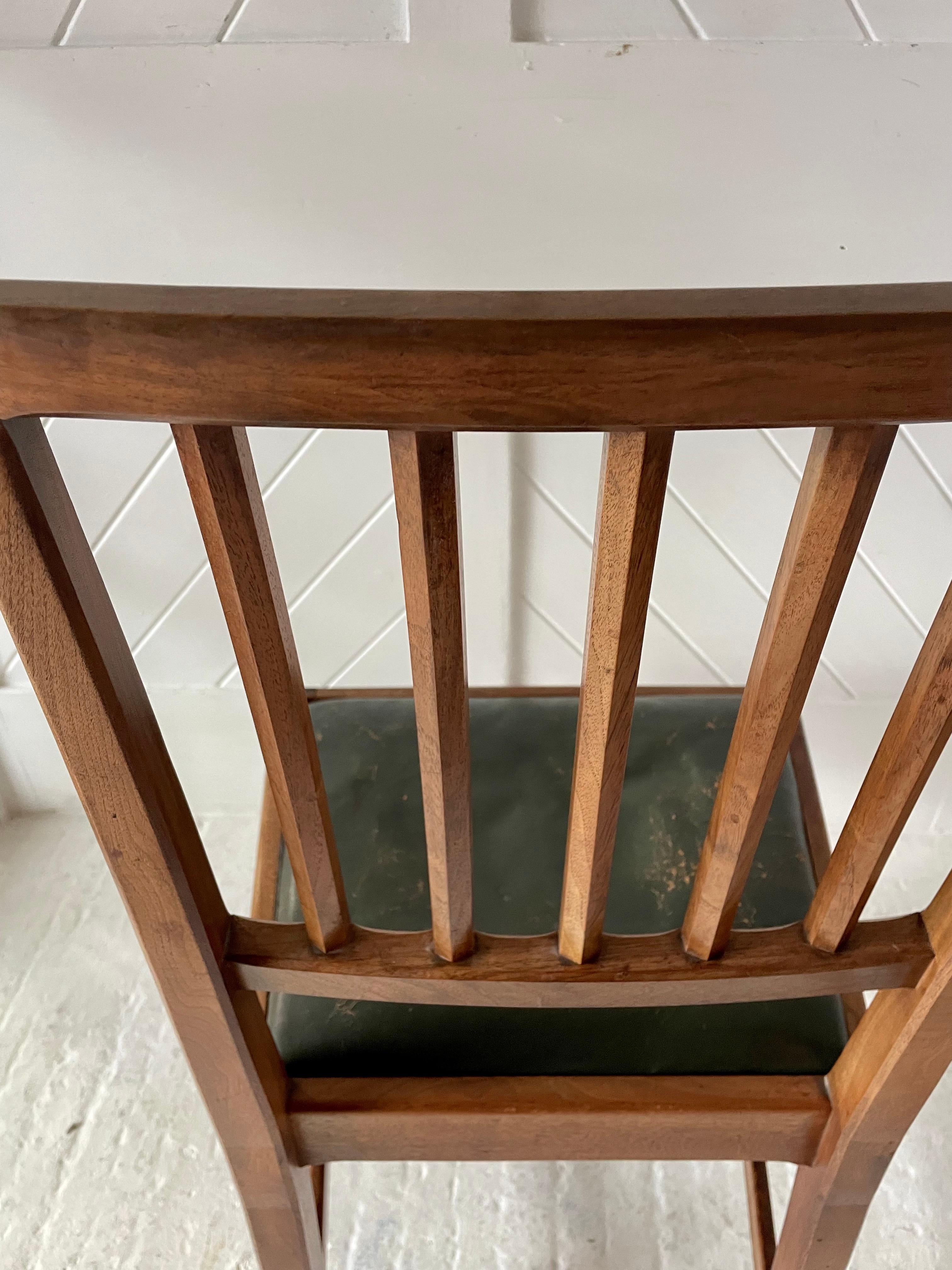 Arts and Crafts Cotswold School pair of walnut chairs

Raised ebony and holly chequered inlay

Exposed jointing and chamfered detail

Drop-in original green leather seats

Attributed to Edward Barnsley

Circa 1925

Height 96cm. Width 48cm. Depth