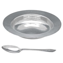 Arts & crafts design sterling silver child's bowl and spoon made in Glasgow 1908