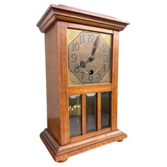Arts & Crafts Desk Clock w. Brass Dial & Beveled Glass By Phillipp Haas & Söhne