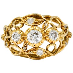 Arts & Crafts Diamond 18 Karat Gold Foliate Filigree Band Ring