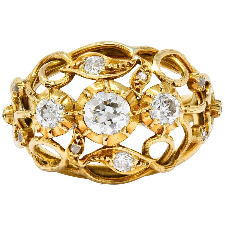 Arts and Crafts Diamond 18 Karat Gold Foliate Filigree Band Ring at 1stDibs