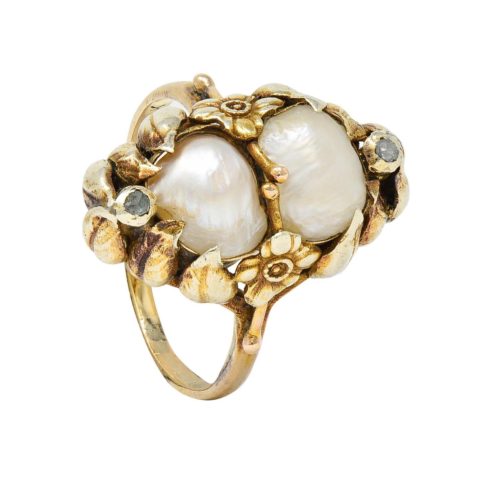 Arts & Crafts Diamond Baroque Pearl 14 Karat Yellow Gold Floral Dinner Ring 5