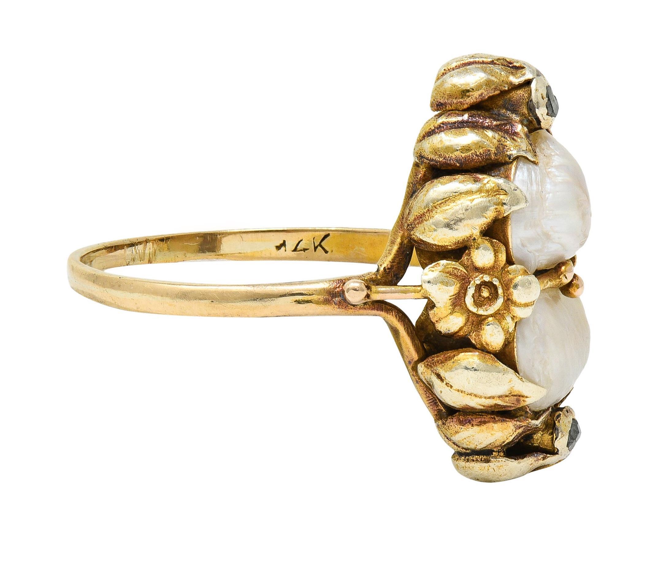 Art Nouveau Arts & Crafts Diamond Baroque Pearl 14 Karat Yellow Gold Floral Dinner Ring