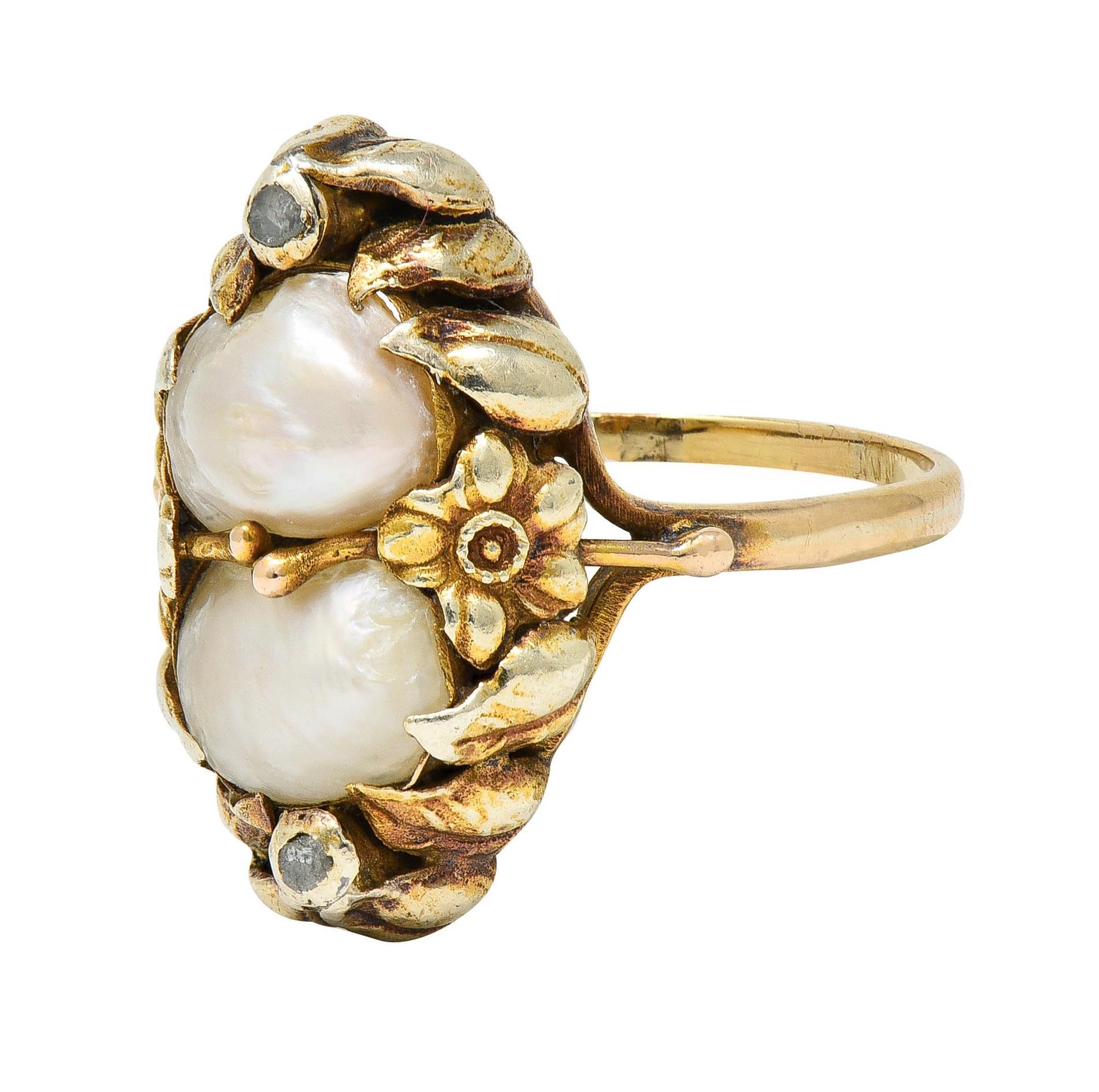 Women's or Men's Arts & Crafts Diamond Baroque Pearl 14 Karat Yellow Gold Floral Dinner Ring