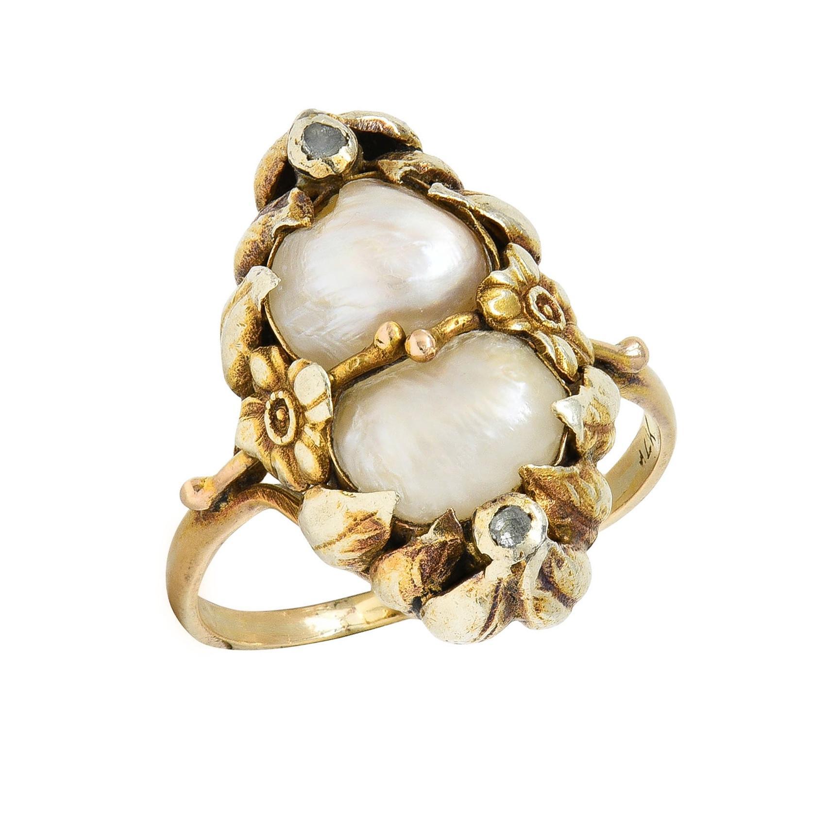 Arts & Crafts Diamond Baroque Pearl 14 Karat Yellow Gold Floral Dinner Ring 2