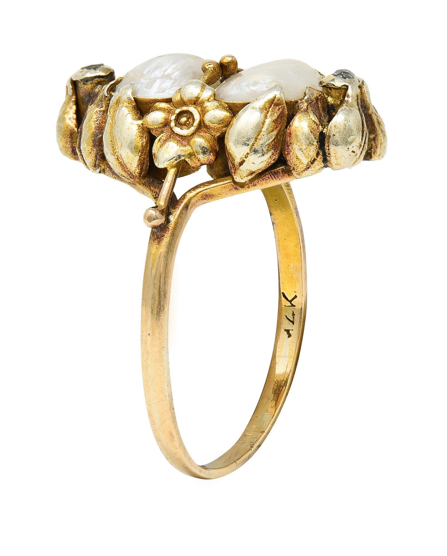 Arts & Crafts Diamond Baroque Pearl 14 Karat Yellow Gold Floral Dinner Ring 3