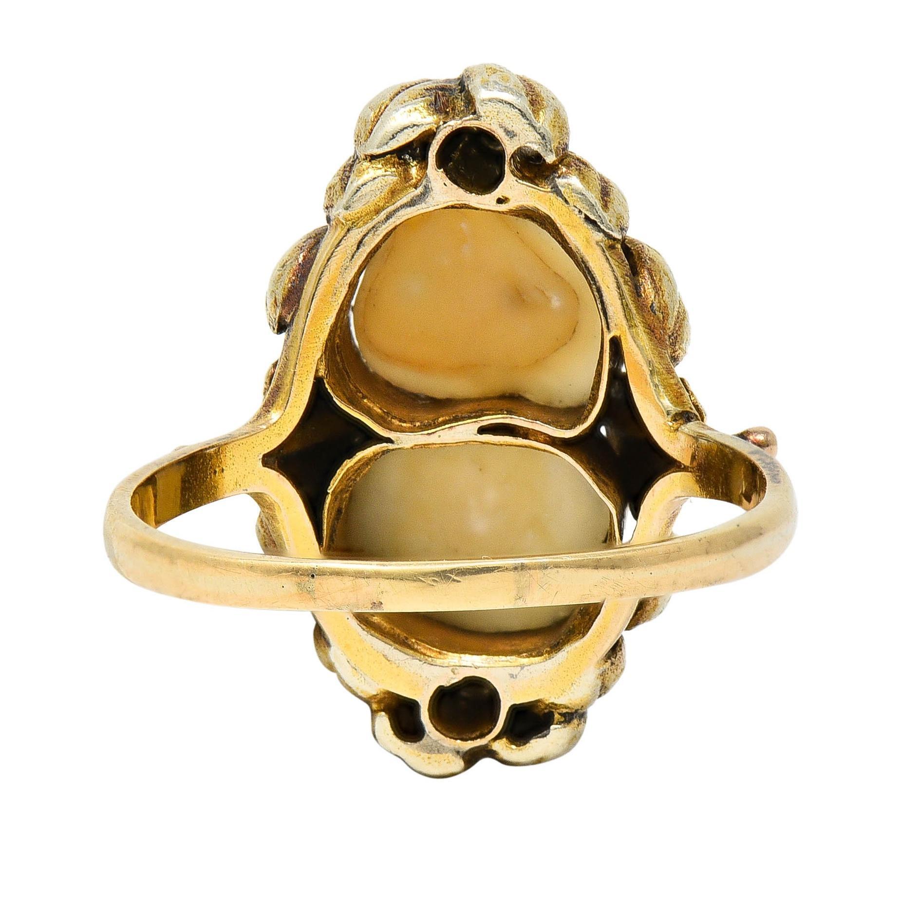 Cabochon Arts & Crafts Diamond Baroque Pearl 14 Karat Yellow Gold Floral Dinner Ring