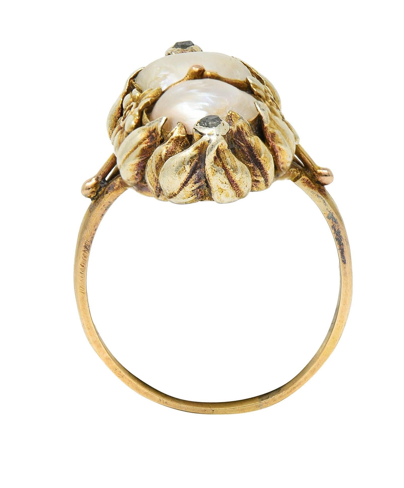 Arts & Crafts Diamond Baroque Pearl 14 Karat Yellow Gold Floral Dinner Ring 4