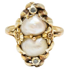 Antique Arts & Crafts Diamond Baroque Pearl 14 Karat Yellow Gold Floral Dinner Ring