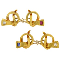 Antique Arts & Crafts Diamond, Ruby and Sapphire Love Knot Nail Cufflinks