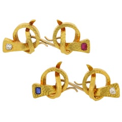 Arts & Crafts Diamond, Ruby and Sapphire Love Knot Nail Cufflinks