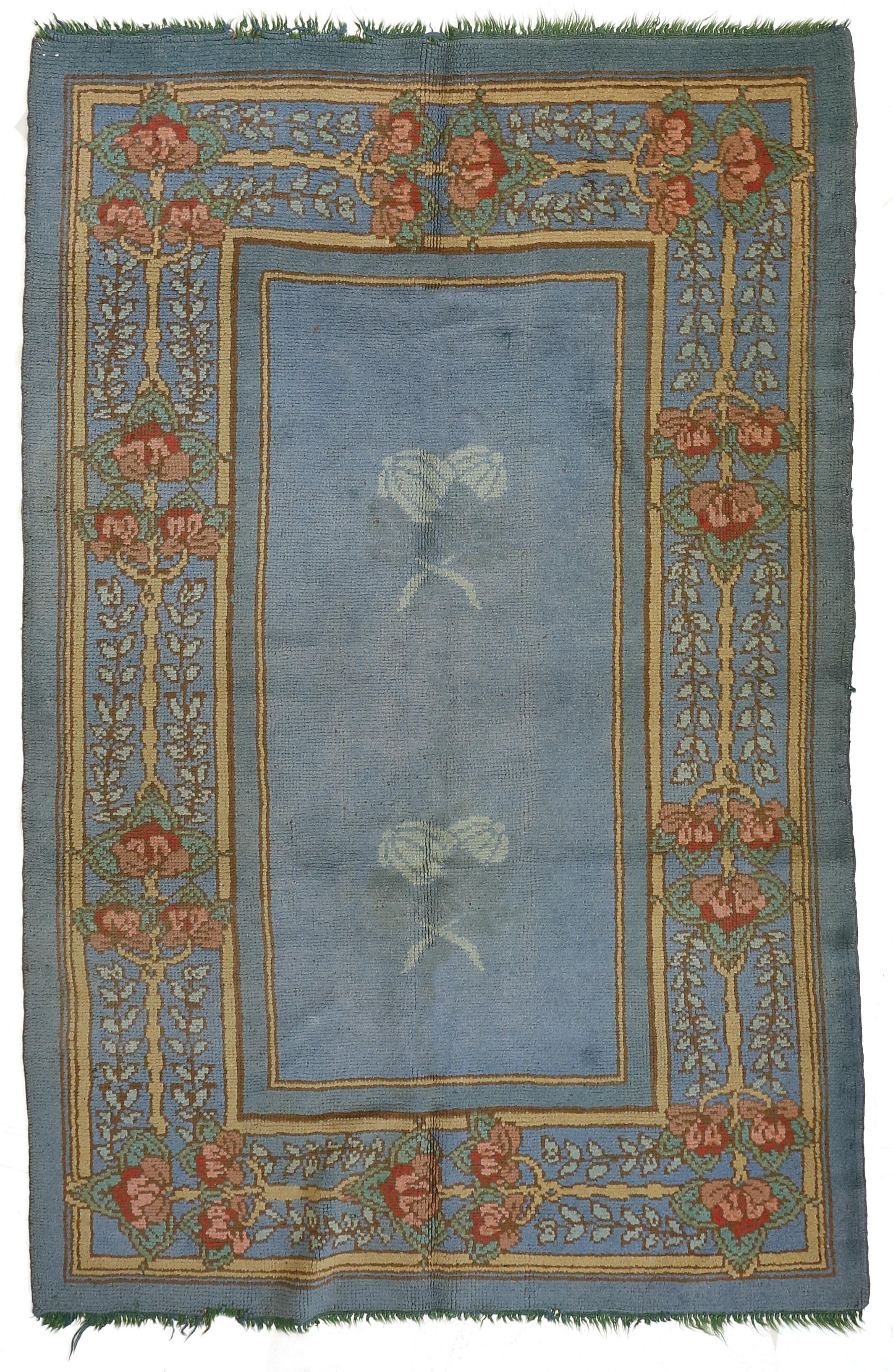 Irish Arts & Crafts Donegal Light Blue Wool Rug Attributed to Gavin Morton, circa 1910 For Sale