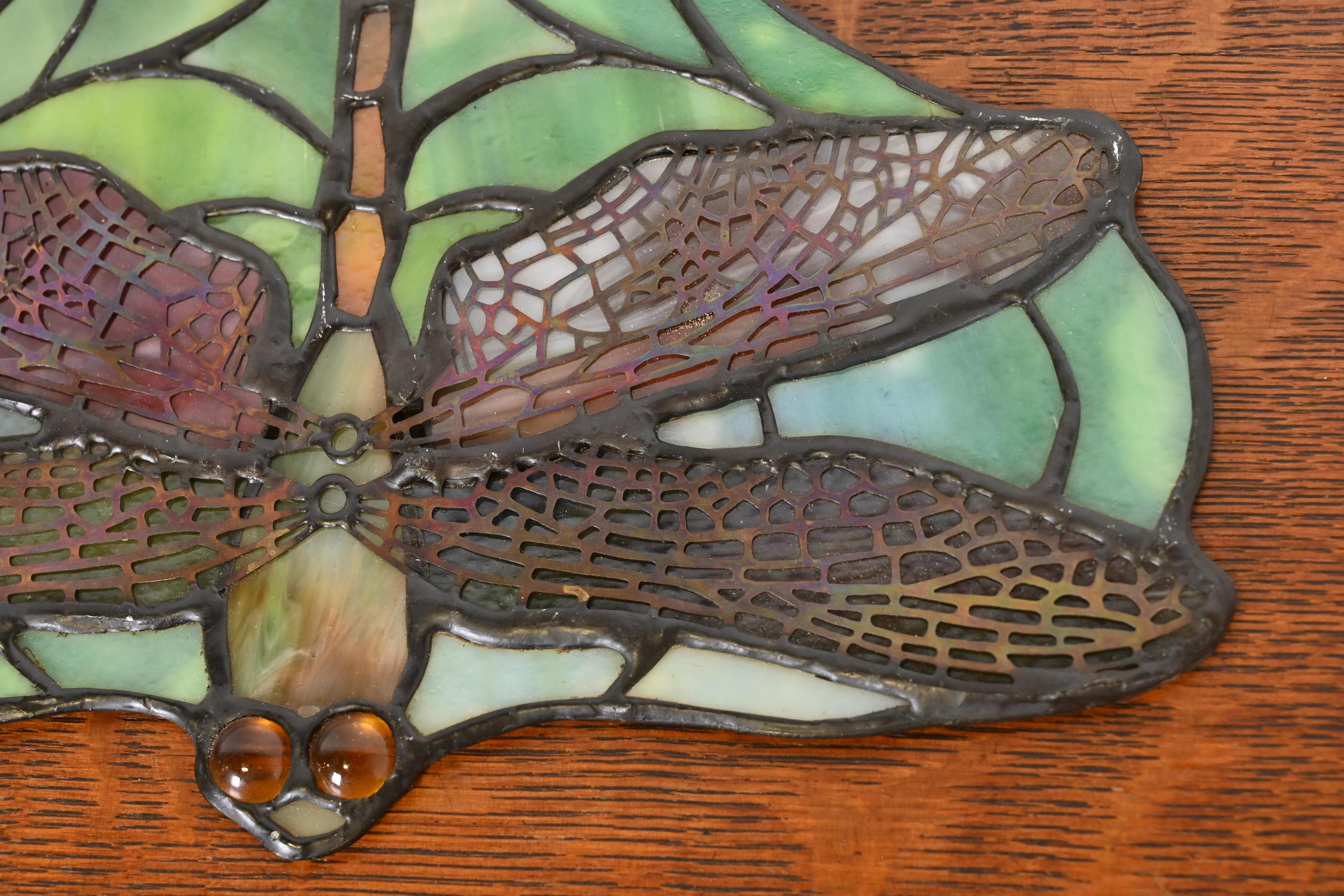 Arts & Crafts Dragonfly Stained Glass Lamp Screen Pendant After Tiffany Studios For Sale 3