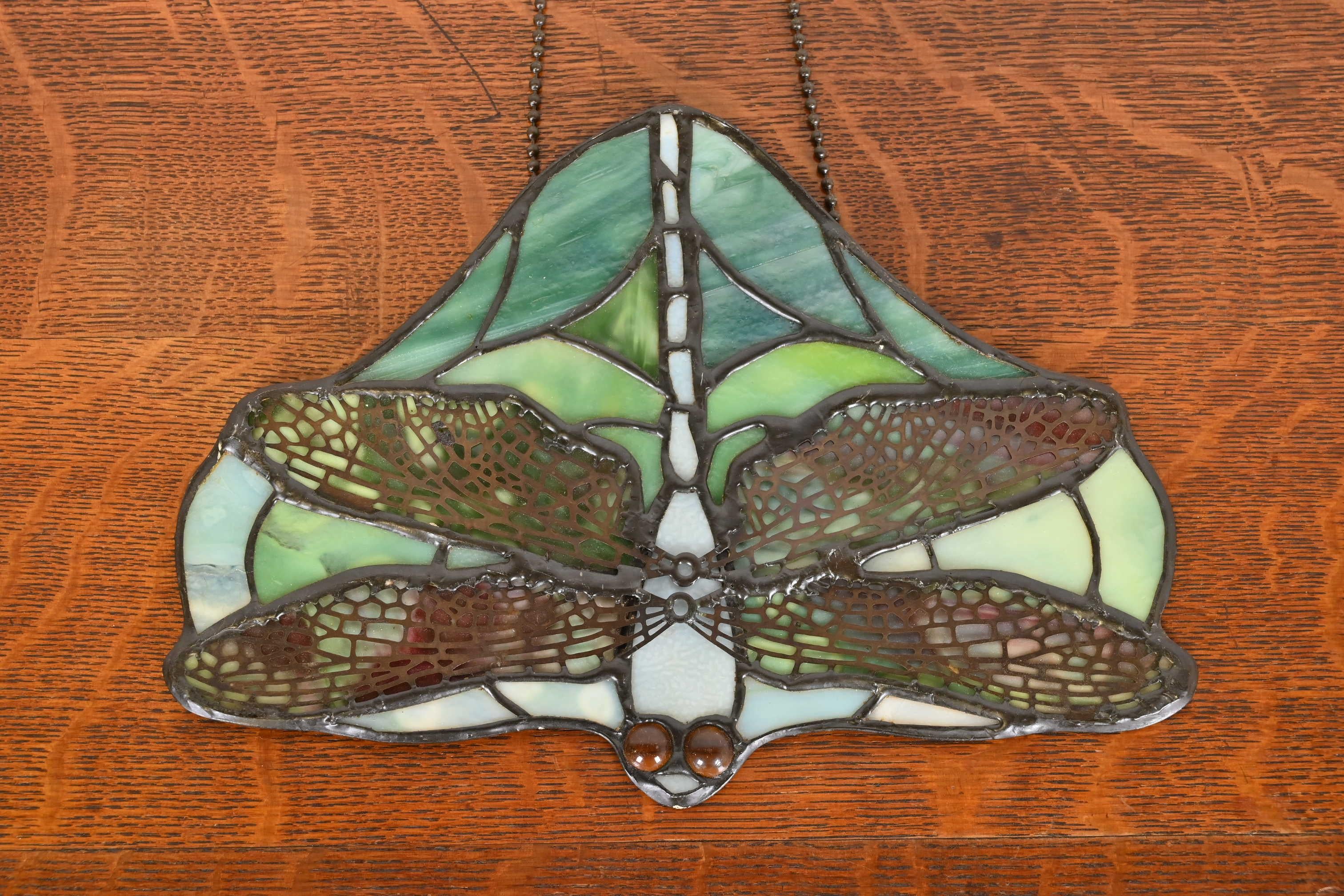 Arts & Crafts Dragonfly Stained Glass Lamp Screen Pendant After Tiffany Studios 3