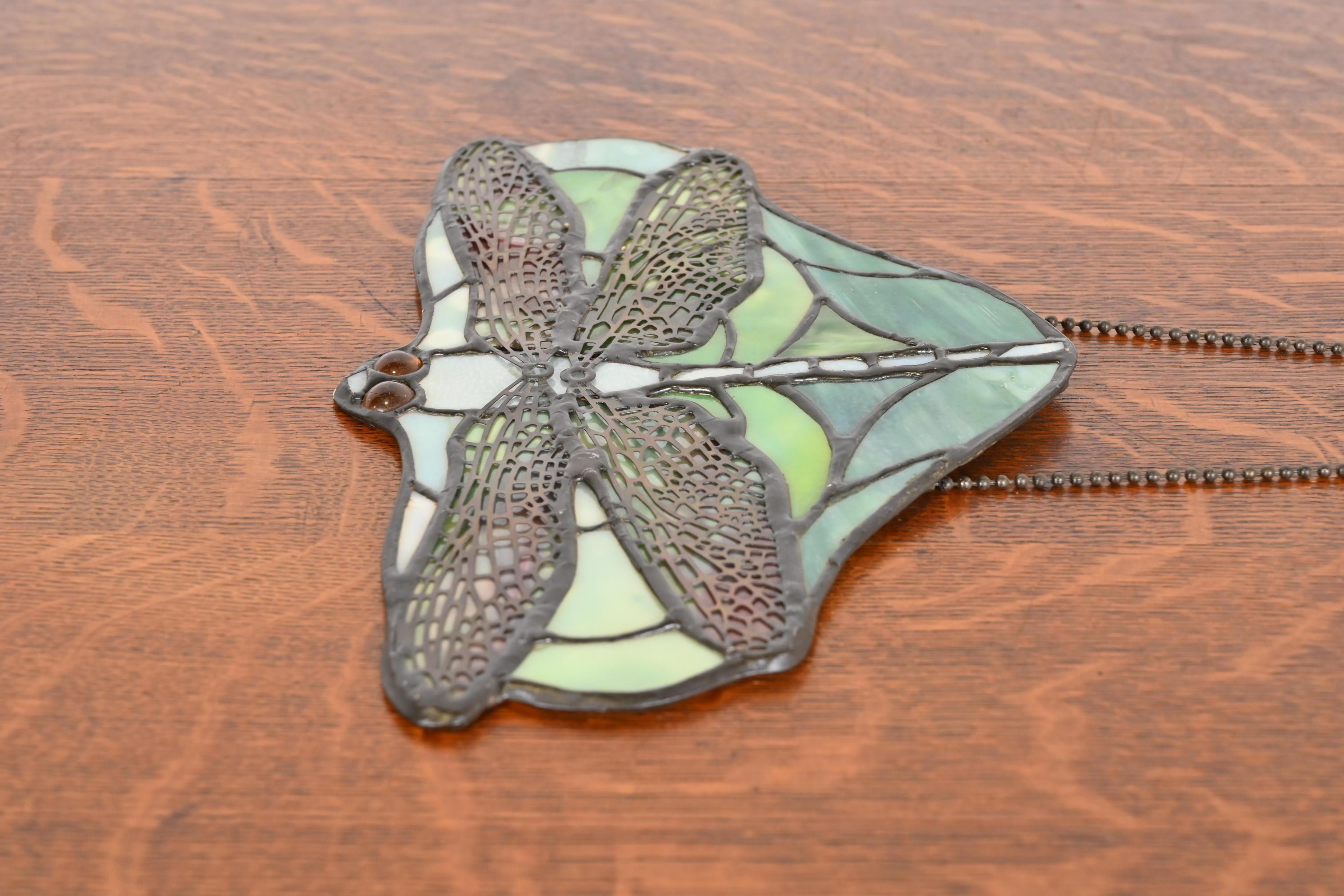 Arts & Crafts Dragonfly Stained Glass Lamp Screen Pendant After Tiffany Studios 6