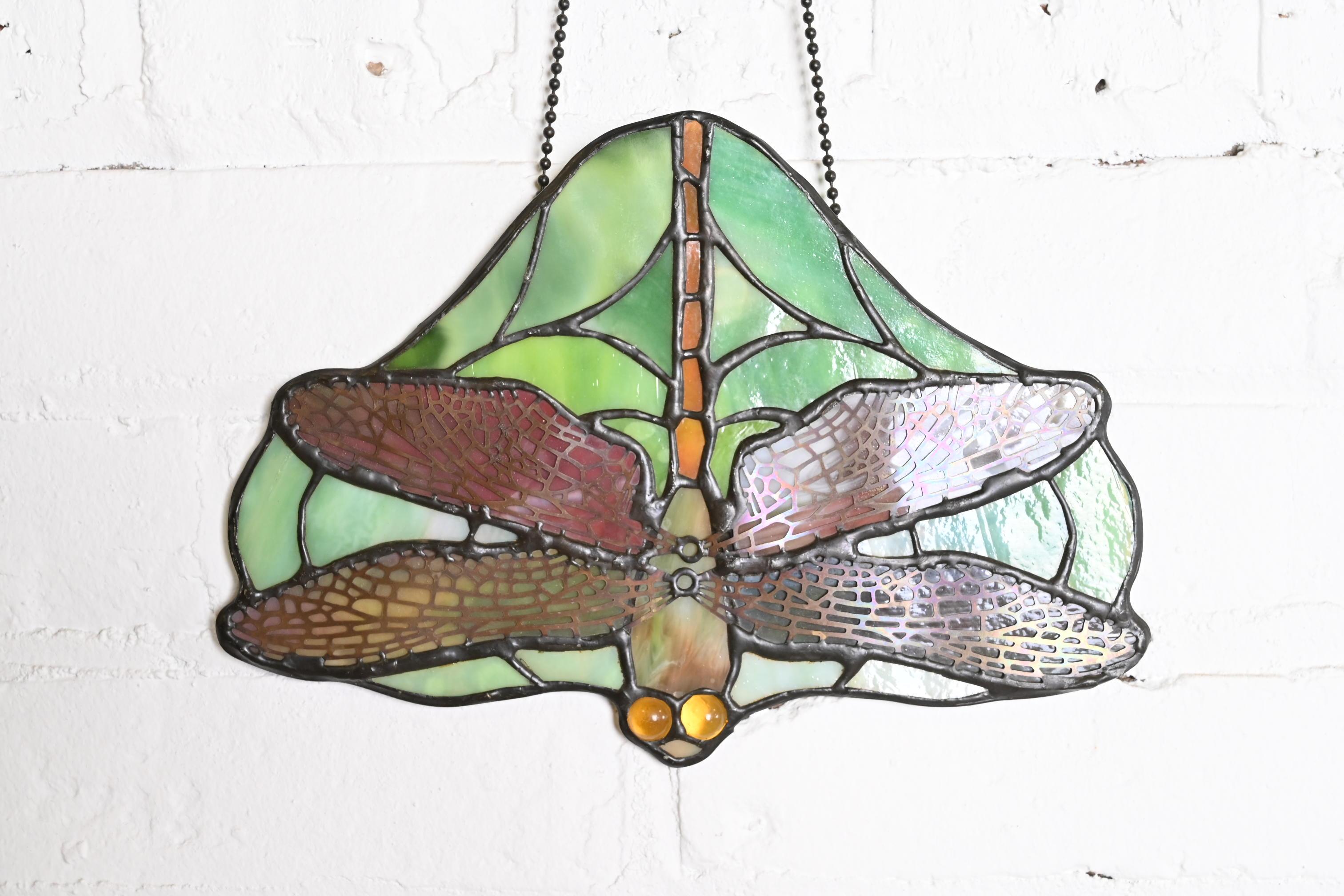 Arts and Crafts Arts & Crafts Dragonfly Stained Glass Lamp Screen Pendant After Tiffany Studios For Sale