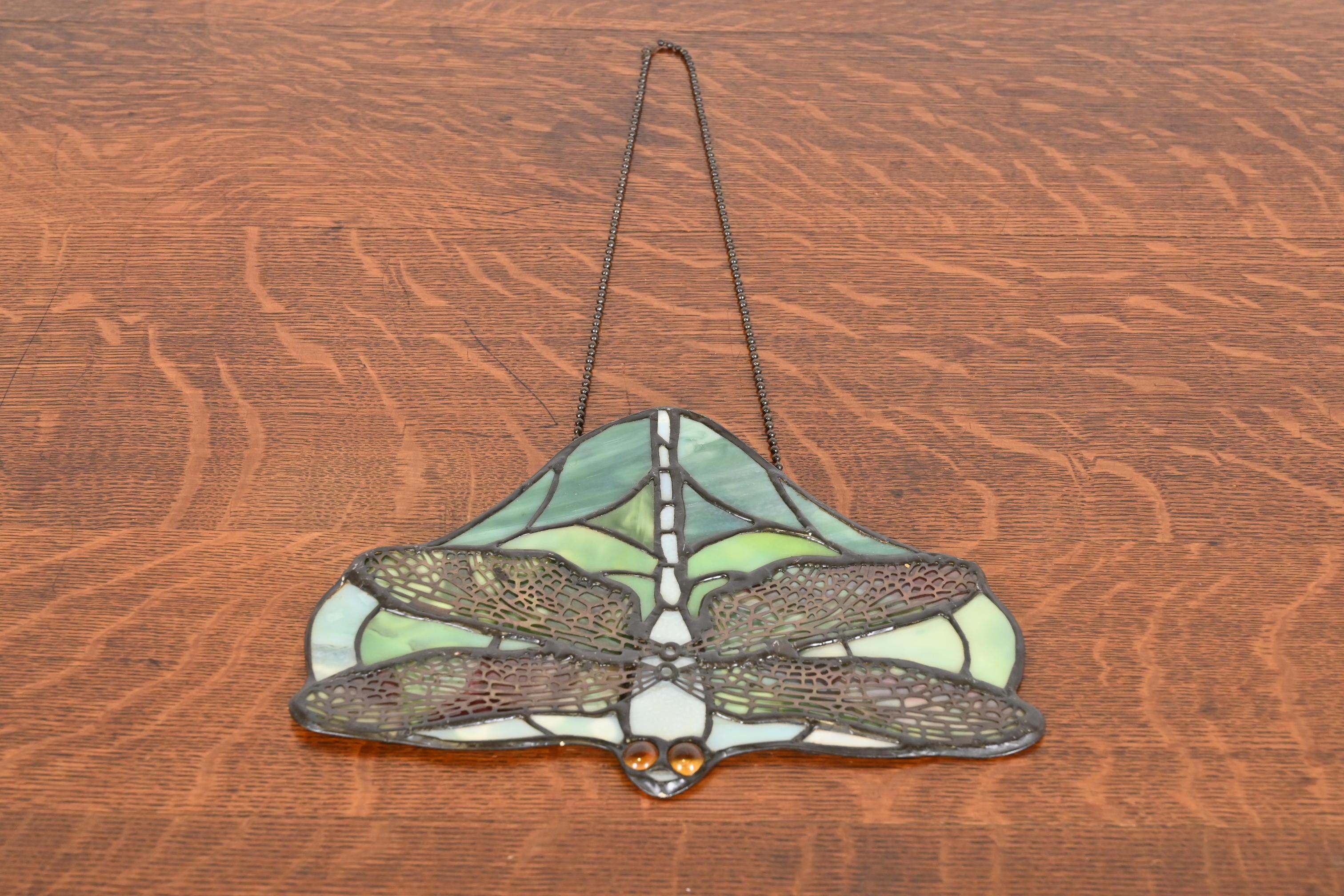 American Arts & Crafts Dragonfly Stained Glass Lamp Screen Pendant After Tiffany Studios