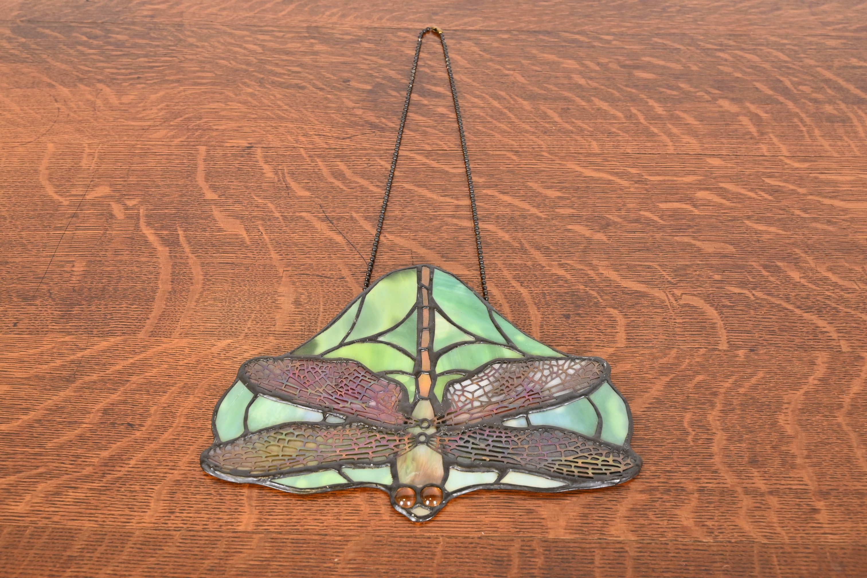 Arts & Crafts Dragonfly Stained Glass Lamp Screen Pendant After Tiffany Studios In Good Condition For Sale In South Bend, IN