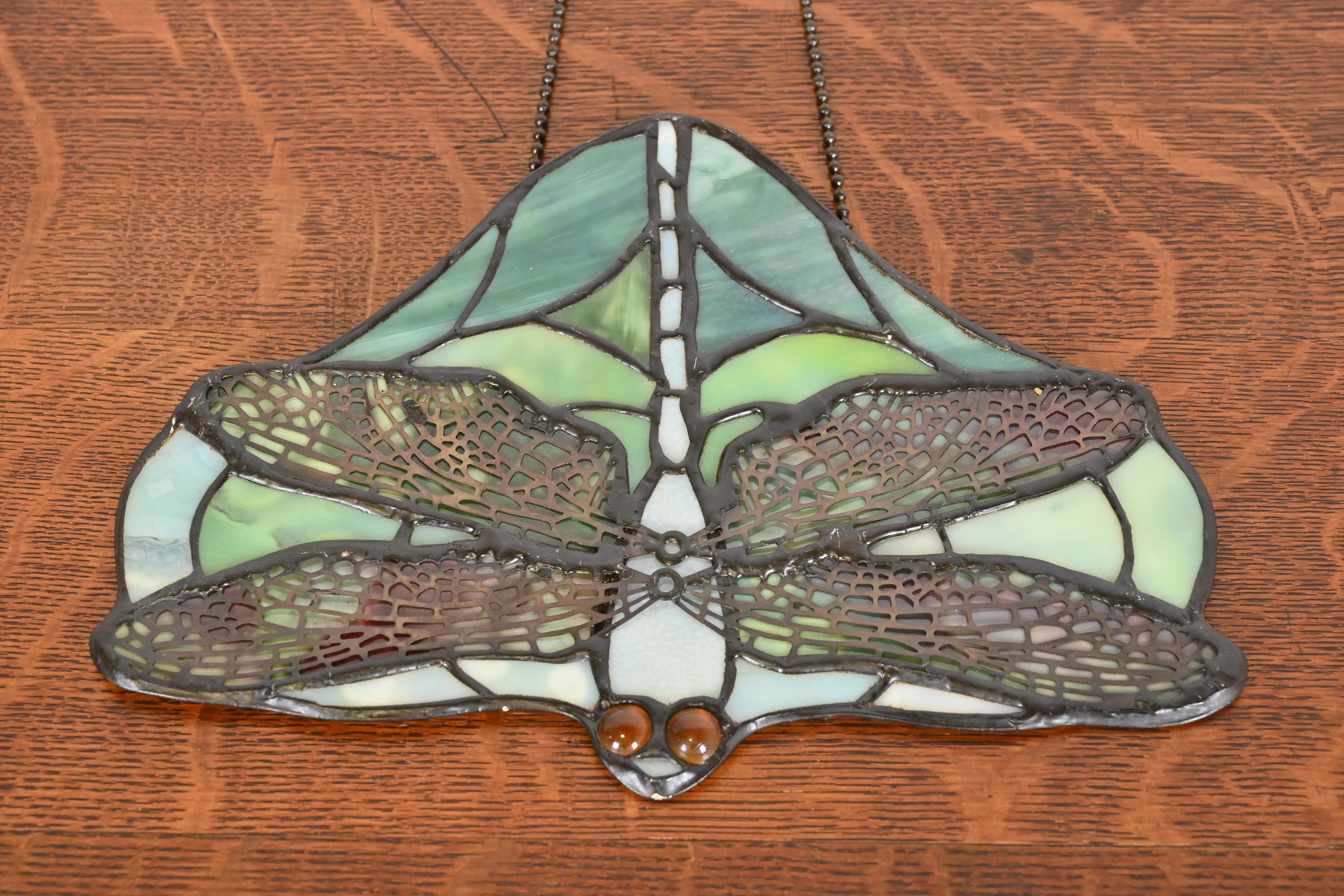 Arts & Crafts Dragonfly Stained Glass Lamp Screen Pendant After Tiffany Studios In Good Condition In South Bend, IN