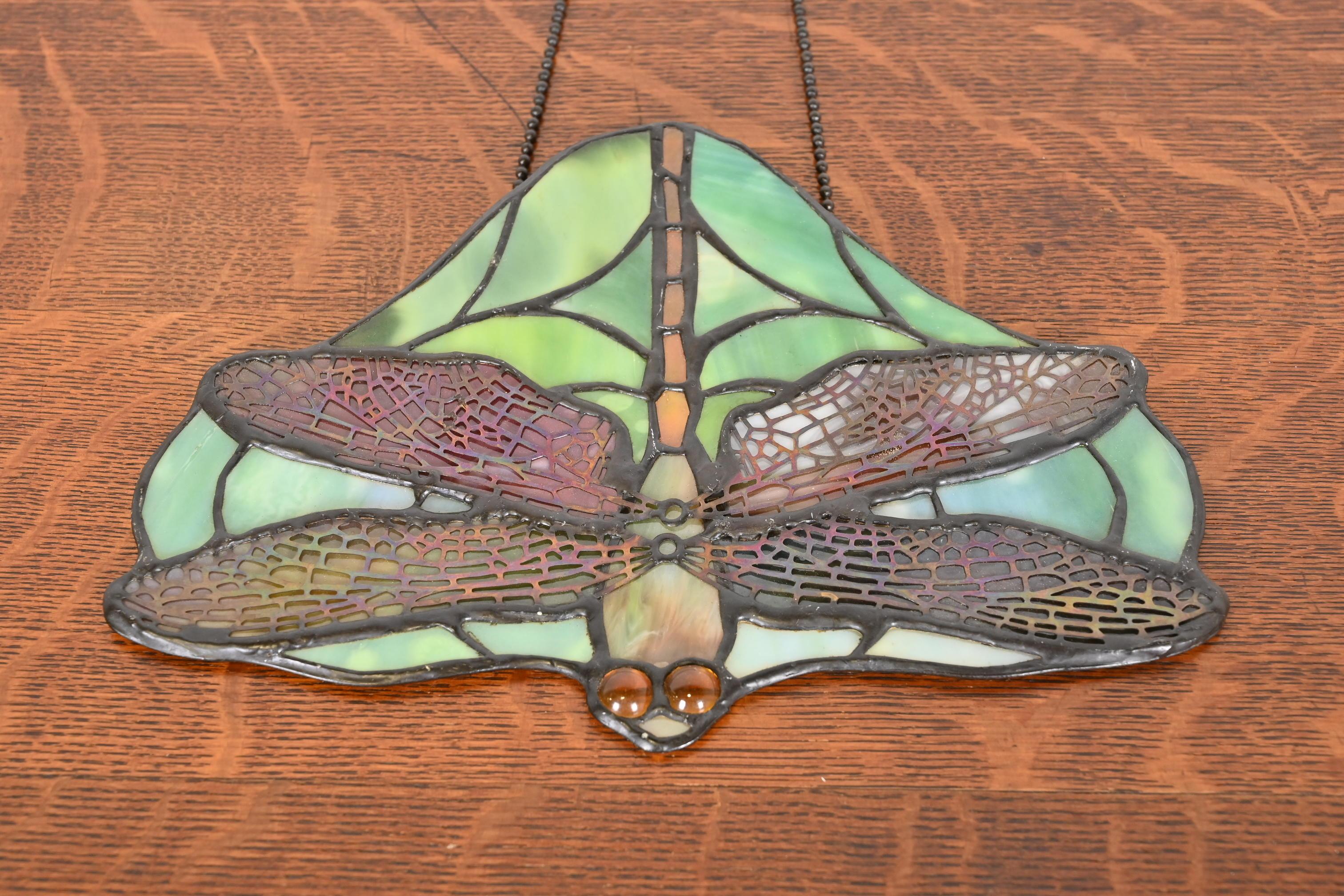 20th Century Arts & Crafts Dragonfly Stained Glass Lamp Screen Pendant After Tiffany Studios For Sale