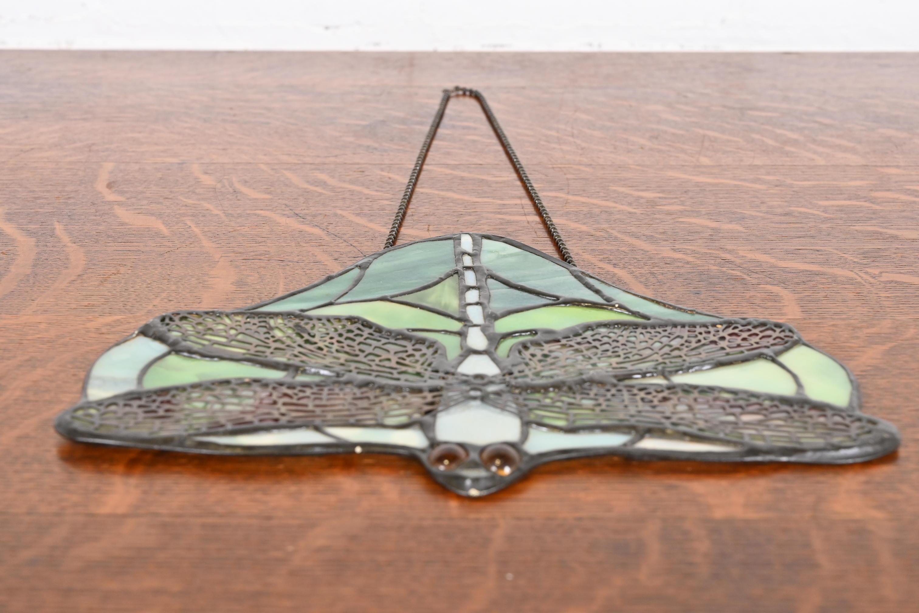 20th Century Arts & Crafts Dragonfly Stained Glass Lamp Screen Pendant After Tiffany Studios