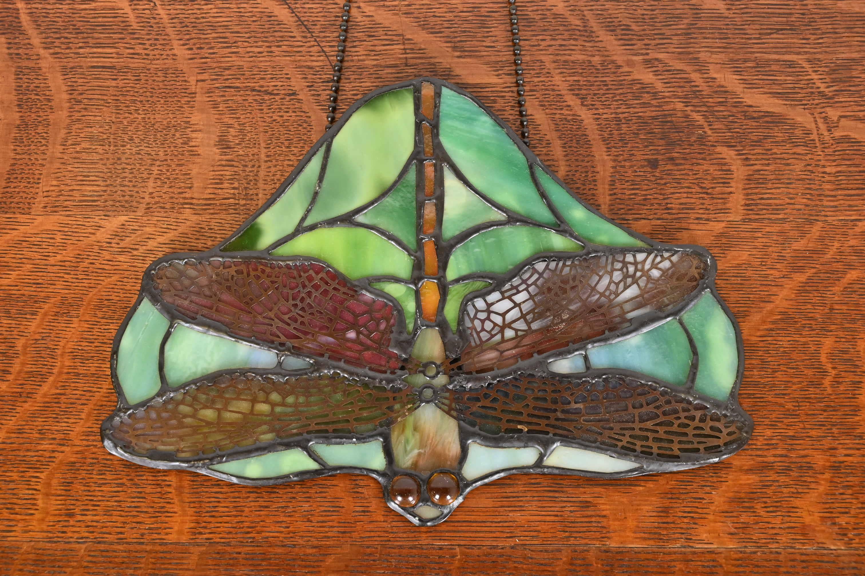 Copper Arts & Crafts Dragonfly Stained Glass Lamp Screen Pendant After Tiffany Studios For Sale