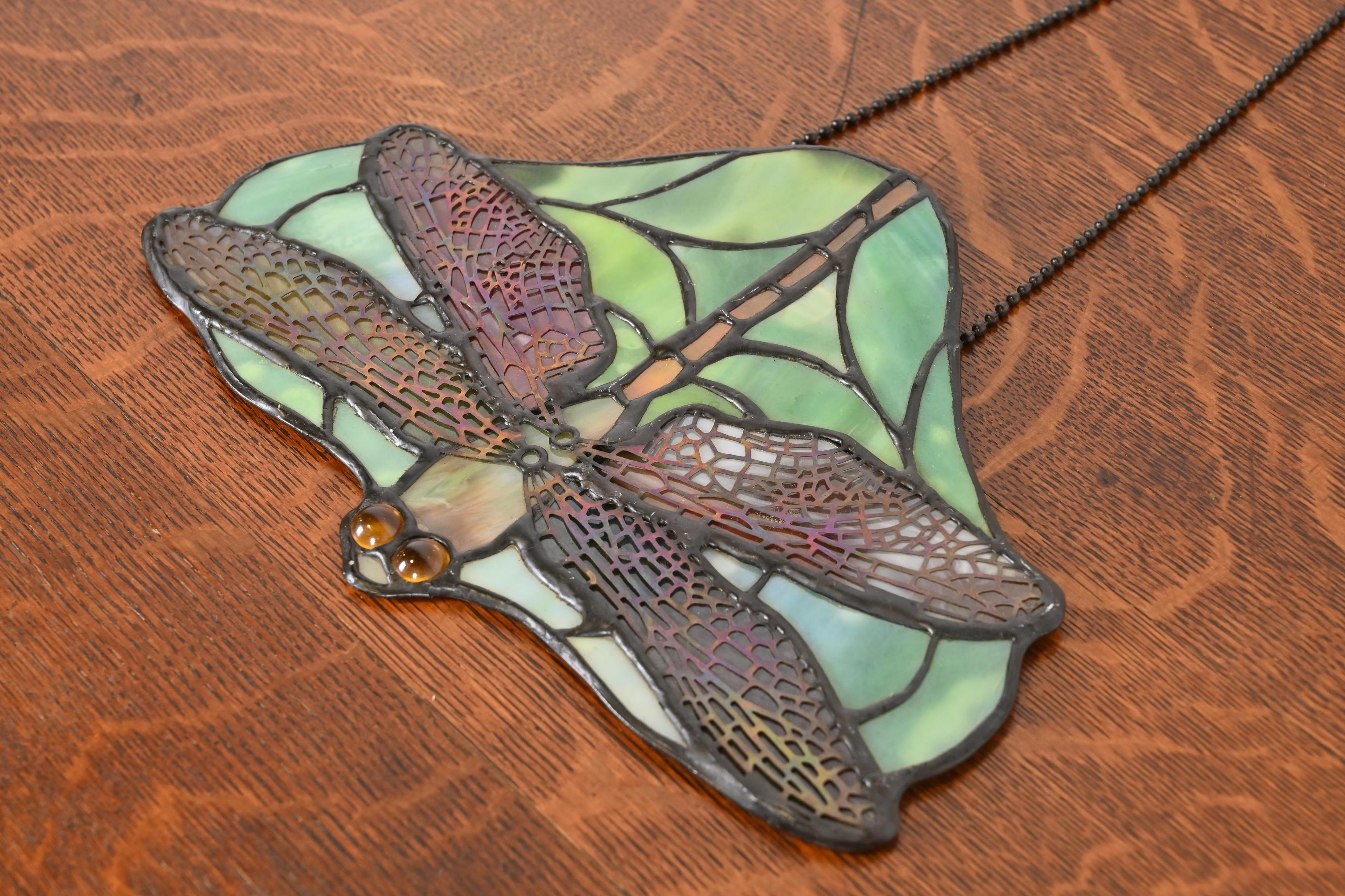 Arts & Crafts Dragonfly Stained Glass Lamp Screen Pendant After Tiffany Studios For Sale 1