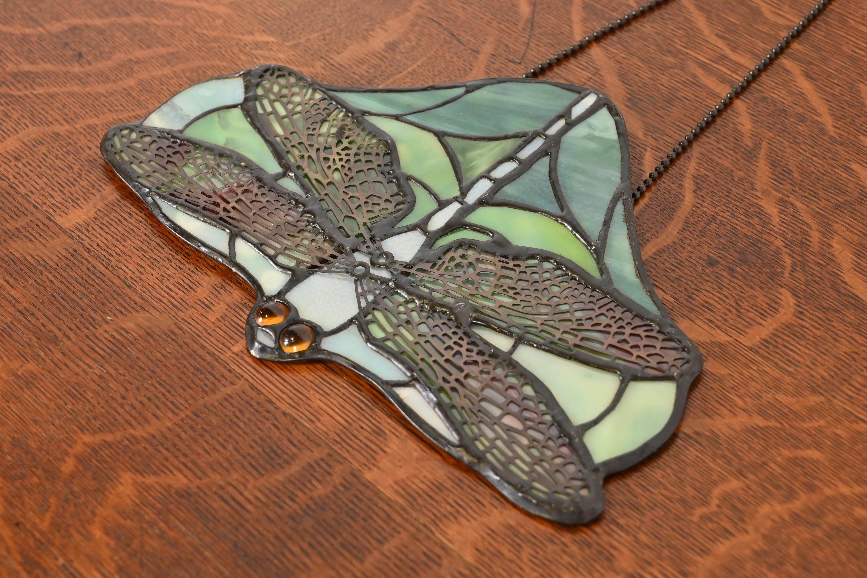 Arts & Crafts Dragonfly Stained Glass Lamp Screen Pendant After Tiffany Studios 1