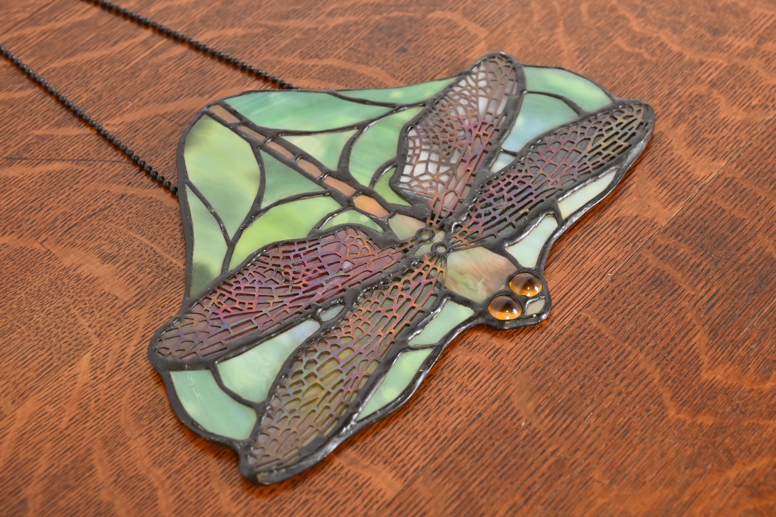 Arts & Crafts Dragonfly Stained Glass Lamp Screen Pendant After Tiffany Studios For Sale 2