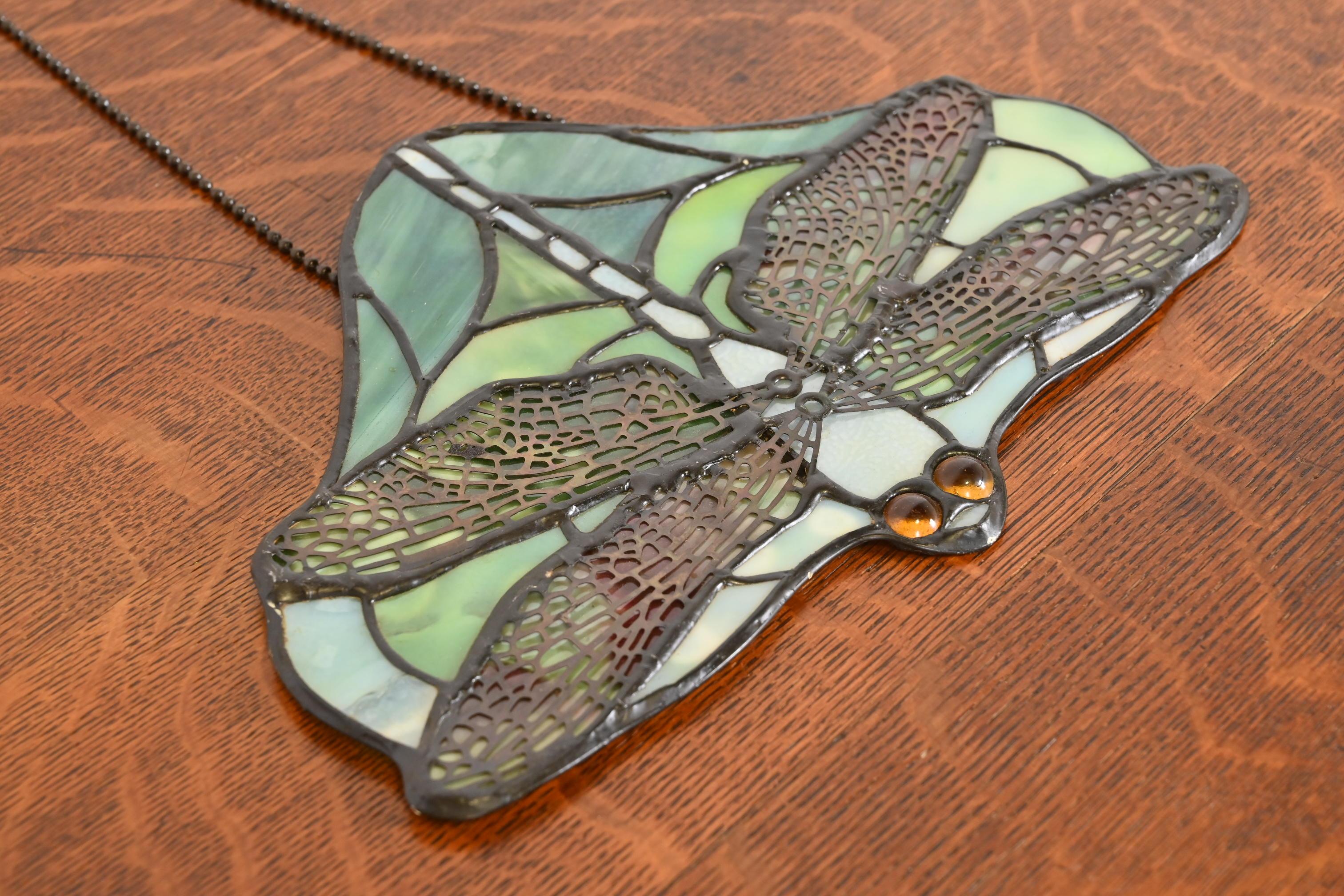 Arts & Crafts Dragonfly Stained Glass Lamp Screen Pendant After Tiffany Studios 2