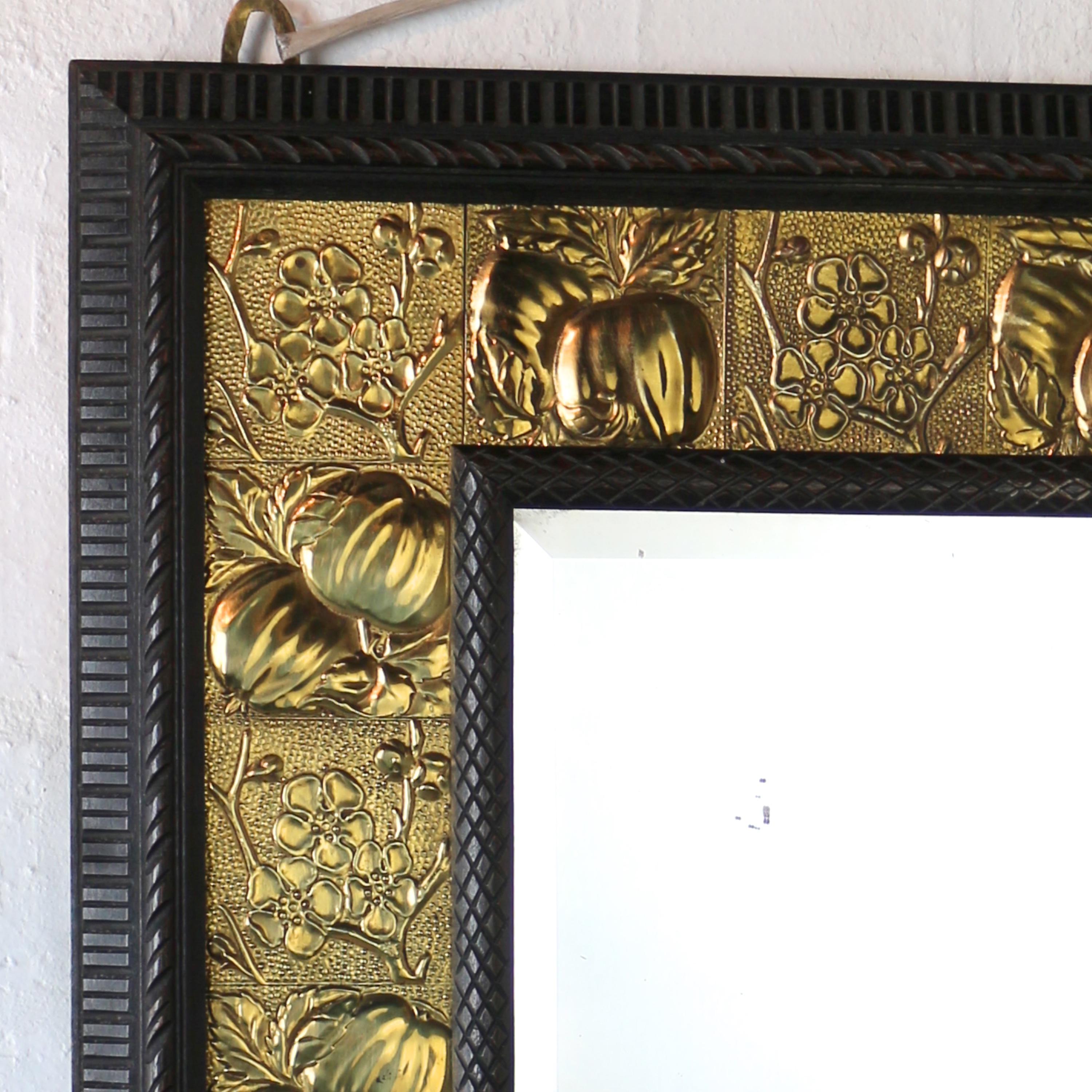 English Arts & Crafts Ebonized Mahogany & Brass Mirror, Attributed to Shapland & Petter