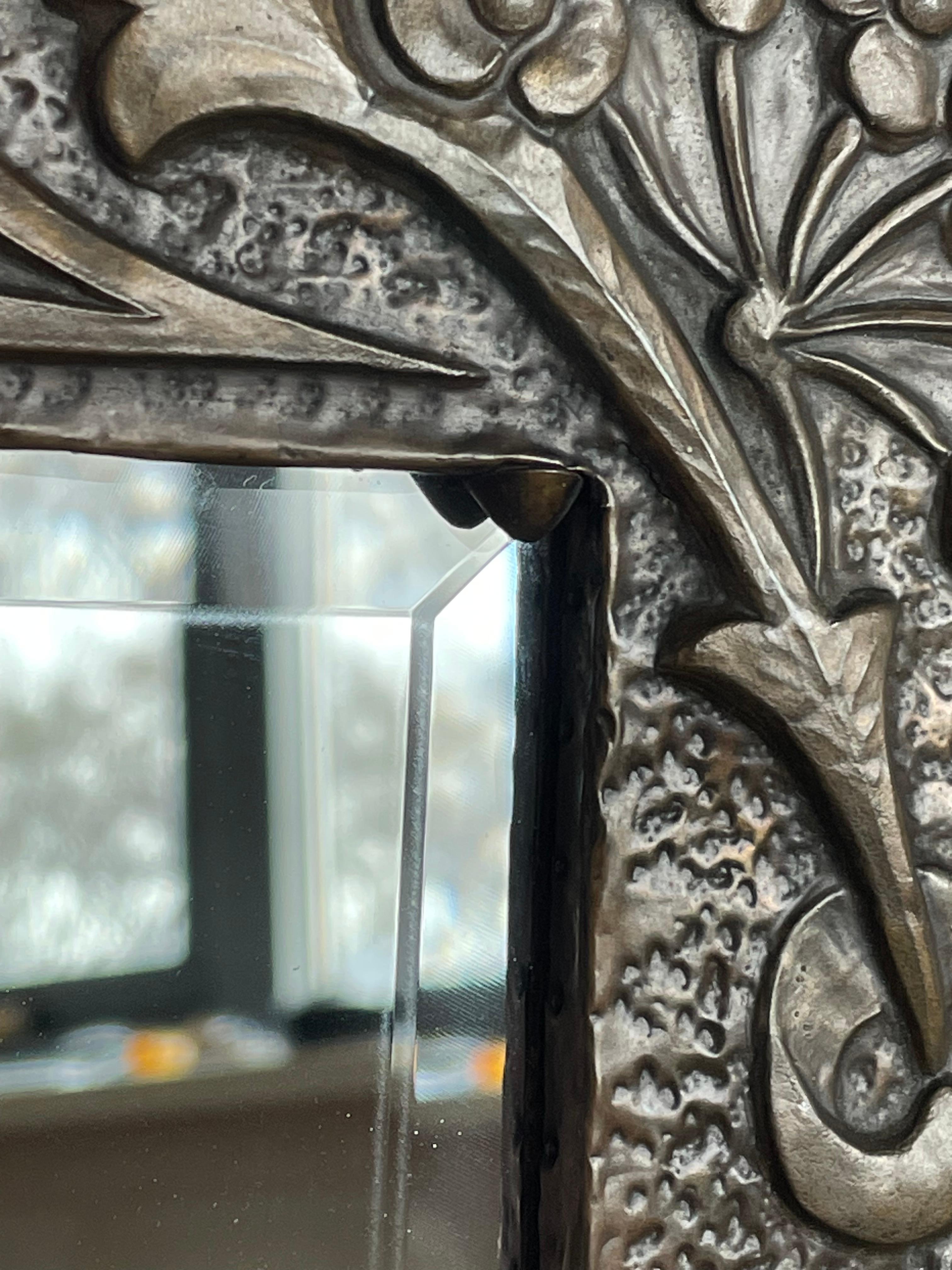 Arts & Crafts Embossed Brass w. Inlaid Gem Stones & Flying Owl Sculpture Mirror 5