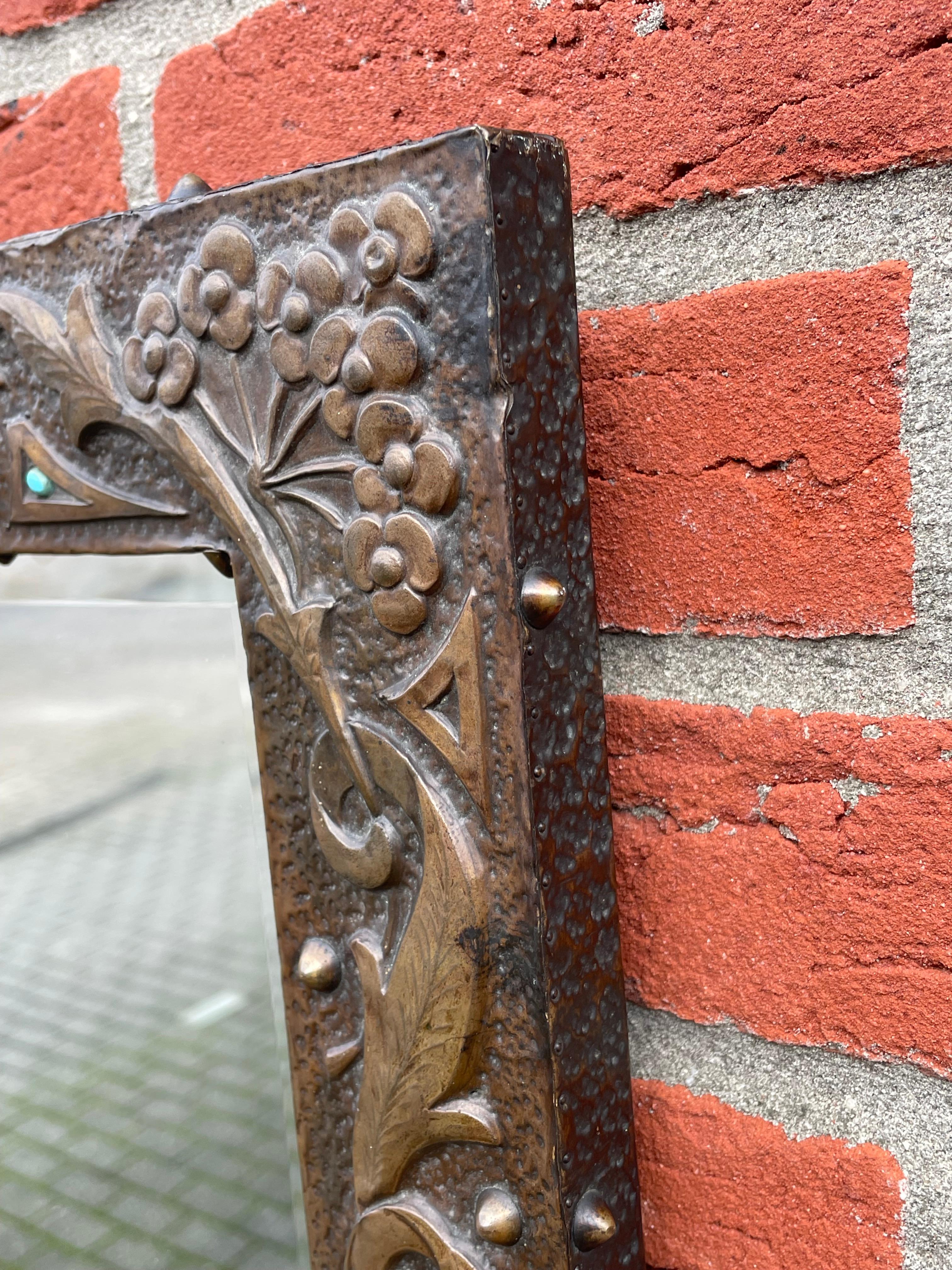 Arts & Crafts Embossed Brass w. Inlaid Gem Stones & Flying Owl Sculpture Mirror 6