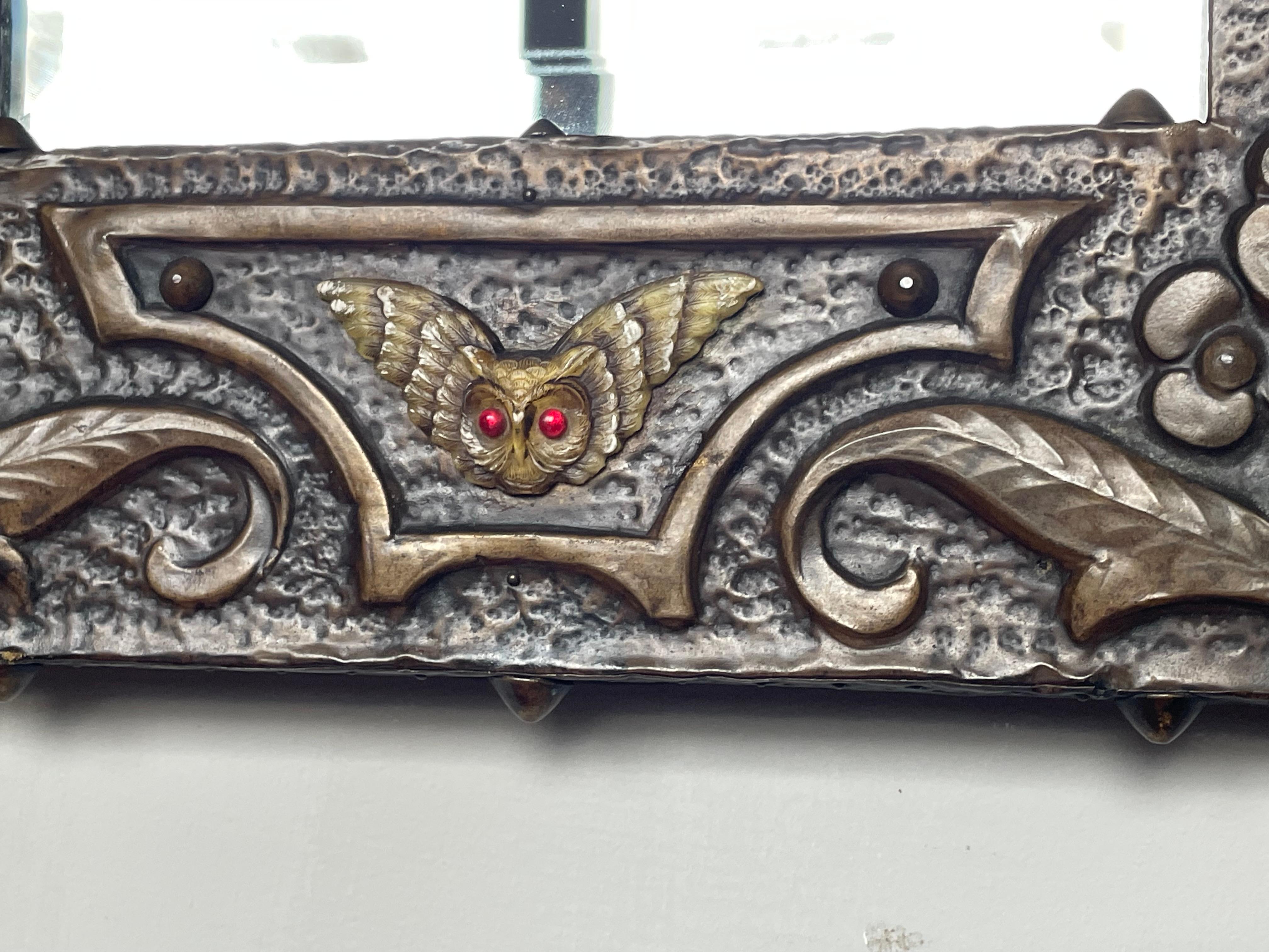 Arts & Crafts Embossed Brass w. Inlaid Gem Stones & Flying Owl Sculpture Mirror 7