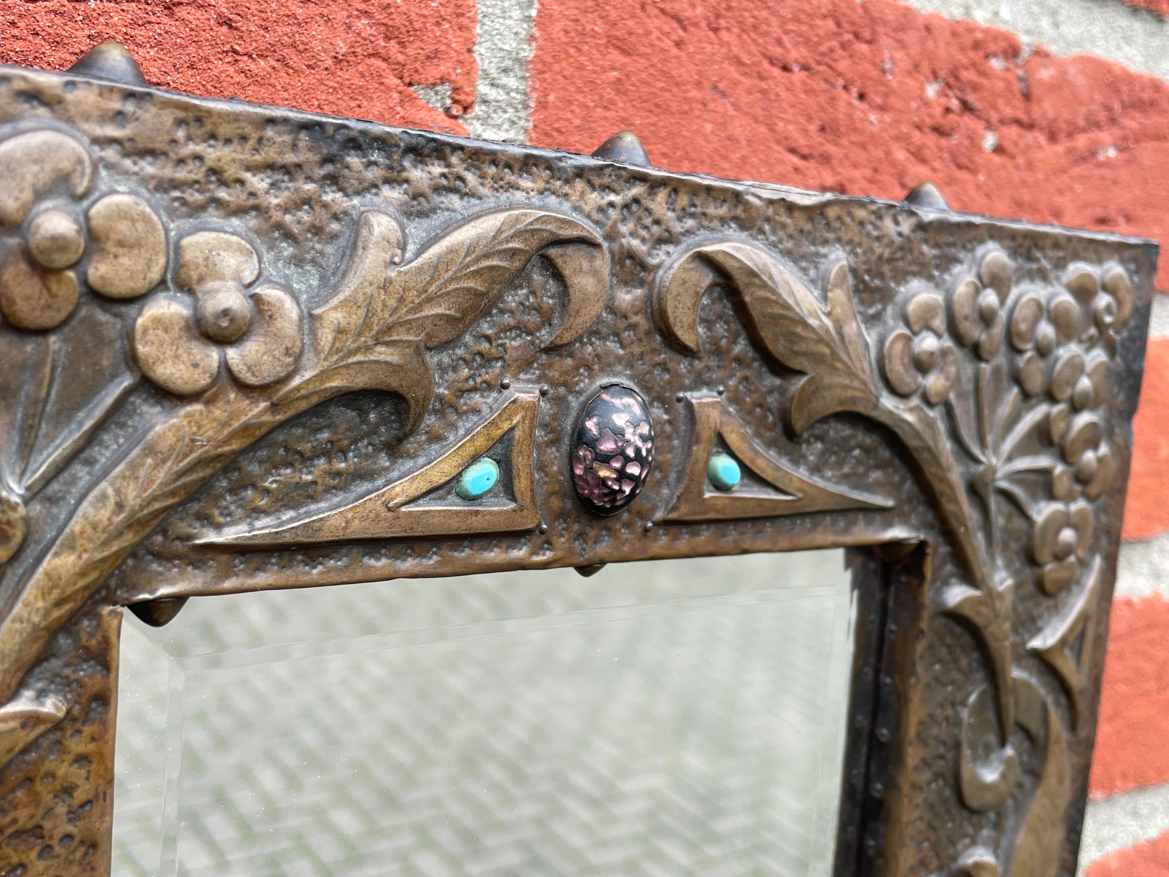 European Arts & Crafts Embossed Brass w. Inlaid Gem Stones & Flying Owl Sculpture Mirror