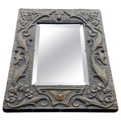 Arts & Crafts Embossed Brass w. Inlaid Gem Stones & Flying Owl Sculpture Mirror