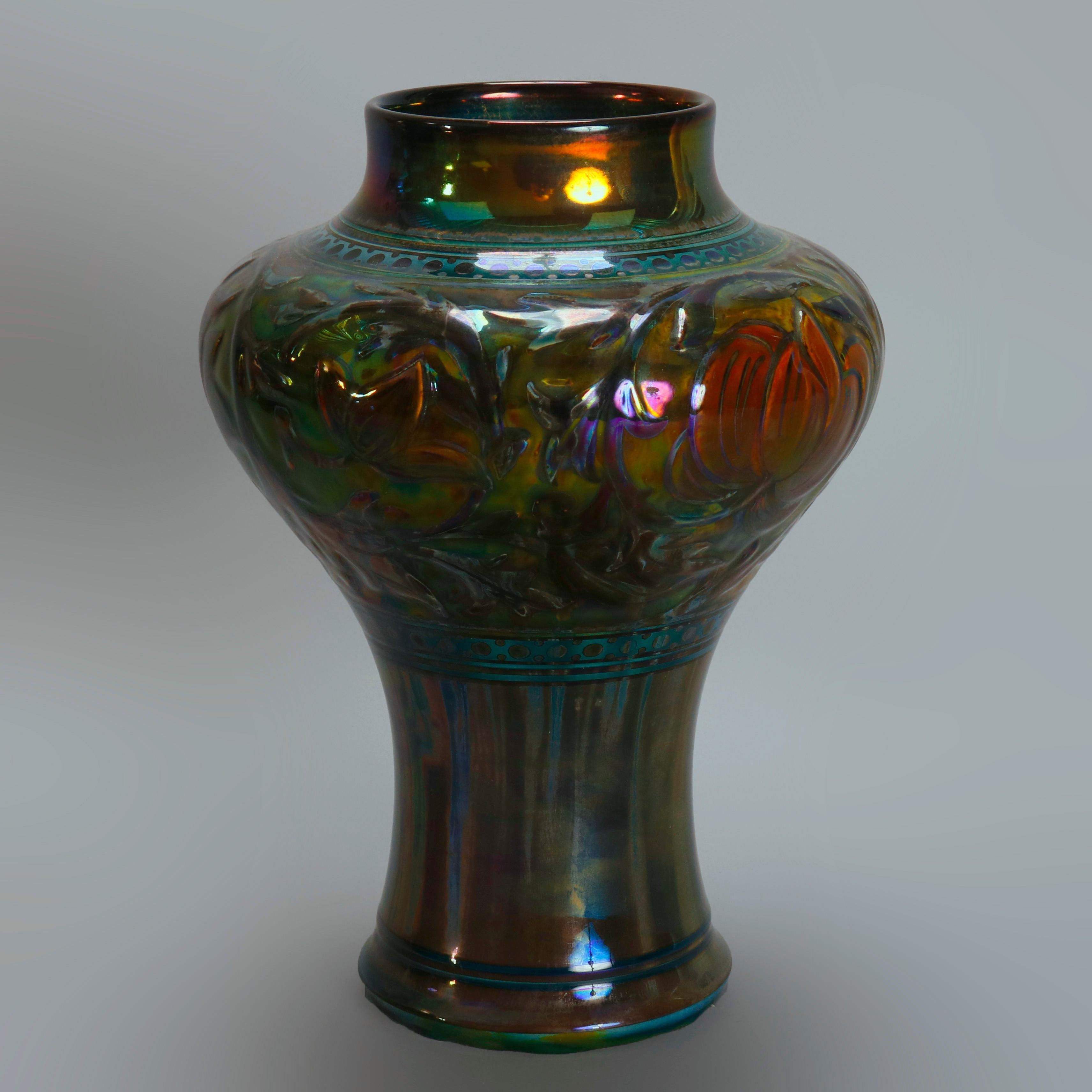 Arts and Crafts Arts & Crafts English Pilkington Art Pottery Green Embossed Vase, 20th Century