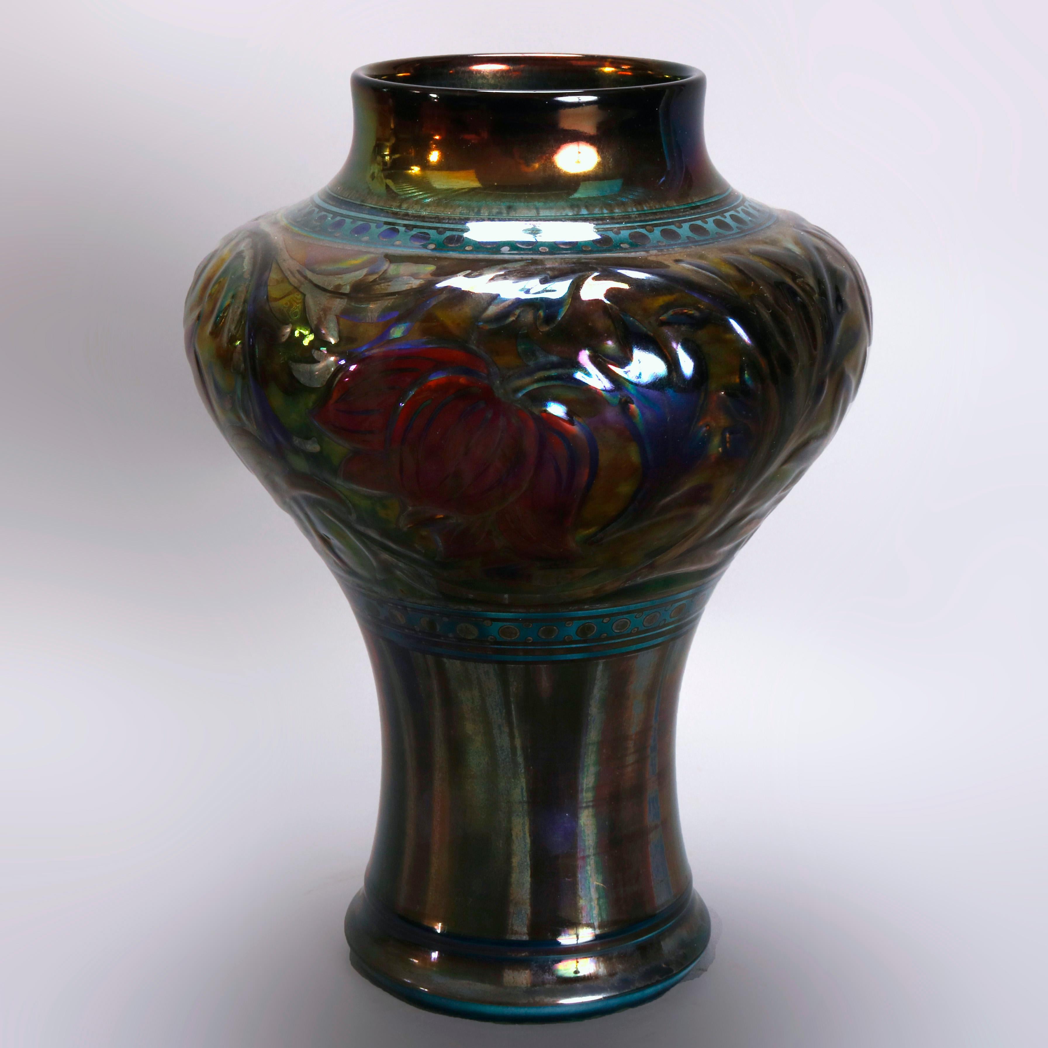 Glazed Arts & Crafts English Pilkington Art Pottery Green Embossed Vase, 20th Century