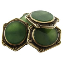 Arts & Crafts Engraved 14 Karat Yellow Gold and Jade Cufflinks