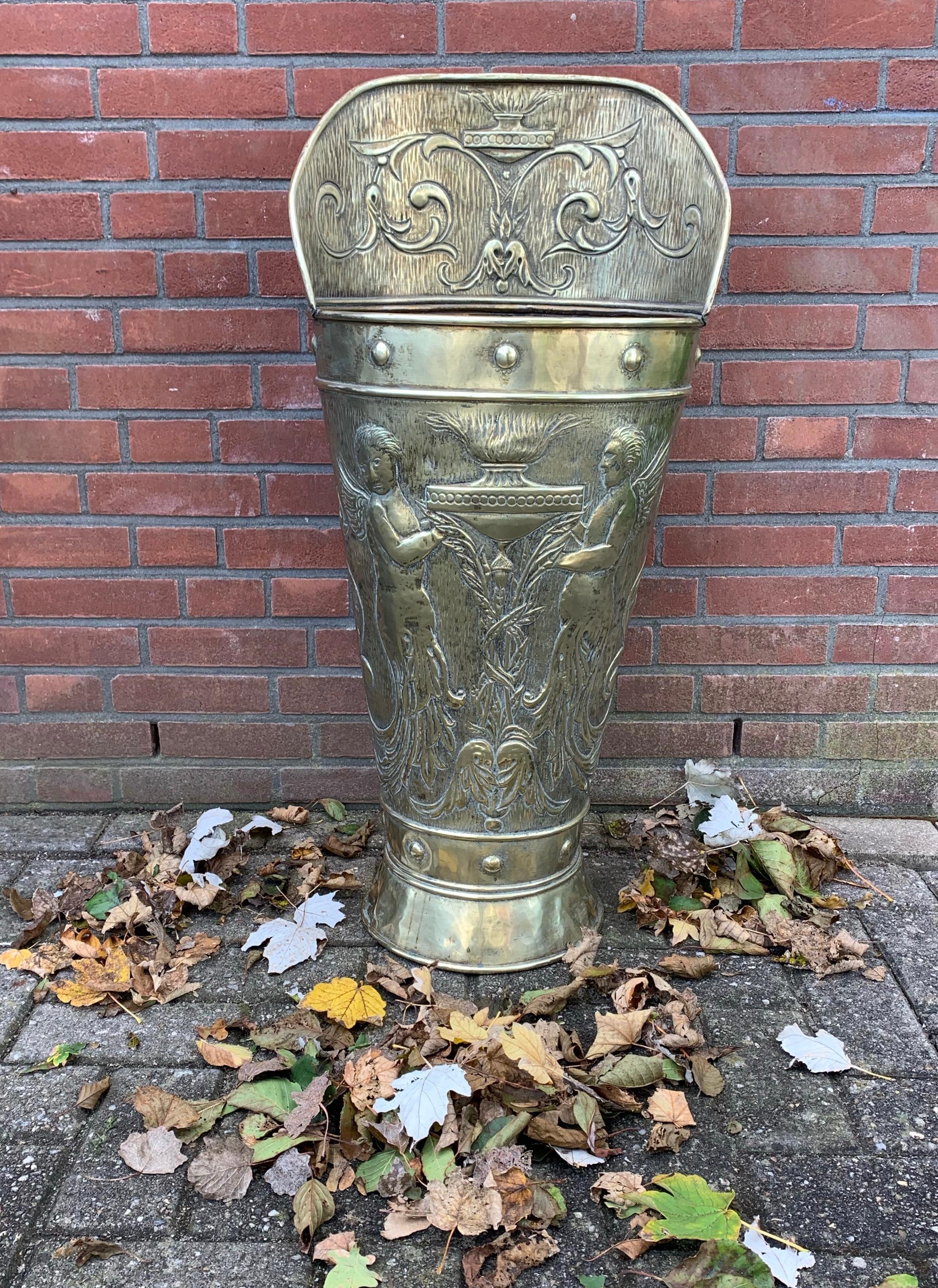 Arts & Crafts Era Embossed Brass with Angel Sculptures Umbrella and Stick Stand For Sale 3