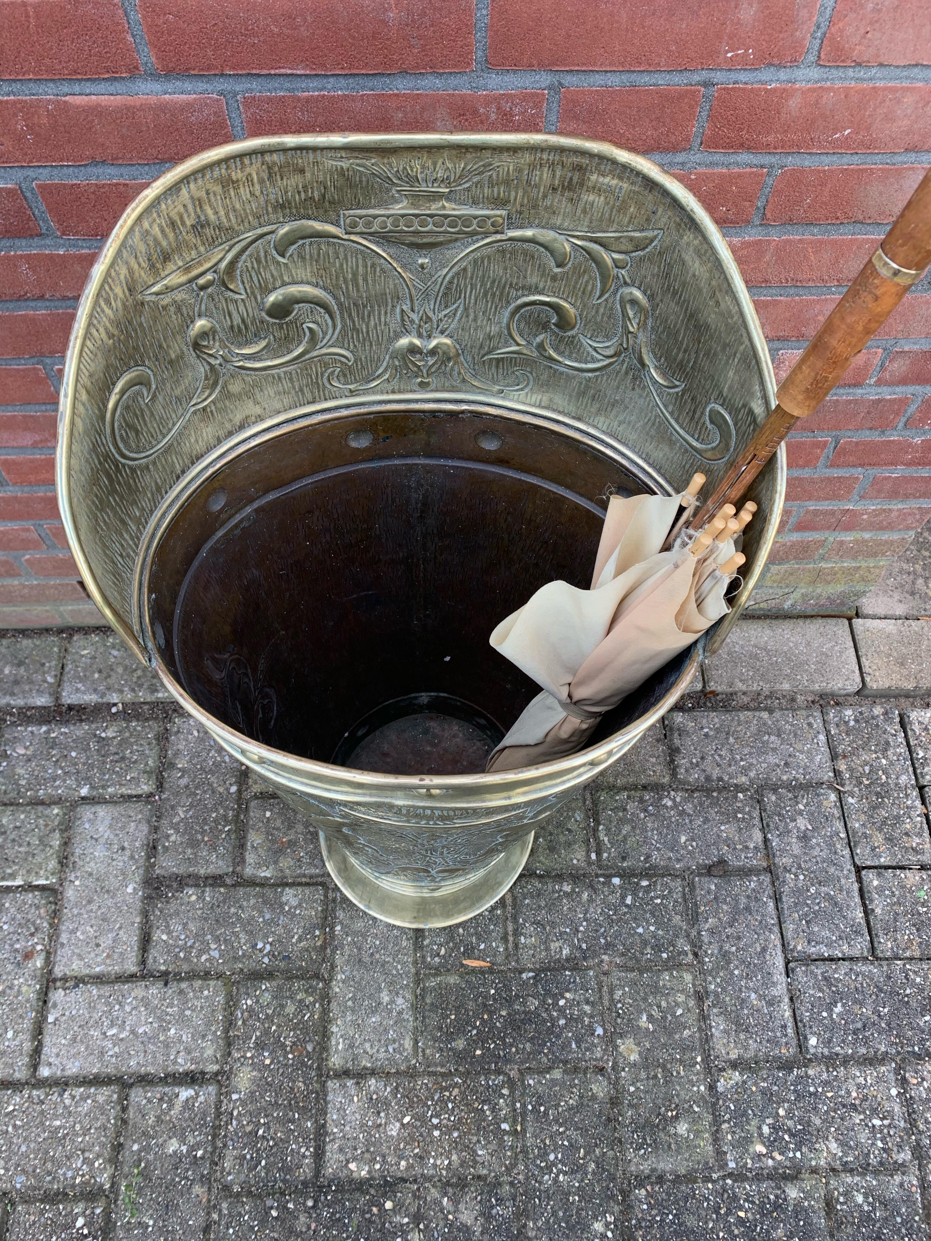 Arts & Crafts Era Embossed Brass with Angel Sculptures Umbrella and Stick Stand For Sale 5