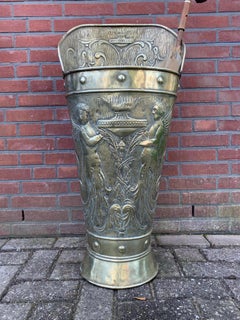 Arts & Crafts Era Embossed Brass with Angel Sculptures Umbrella and Stick Stand