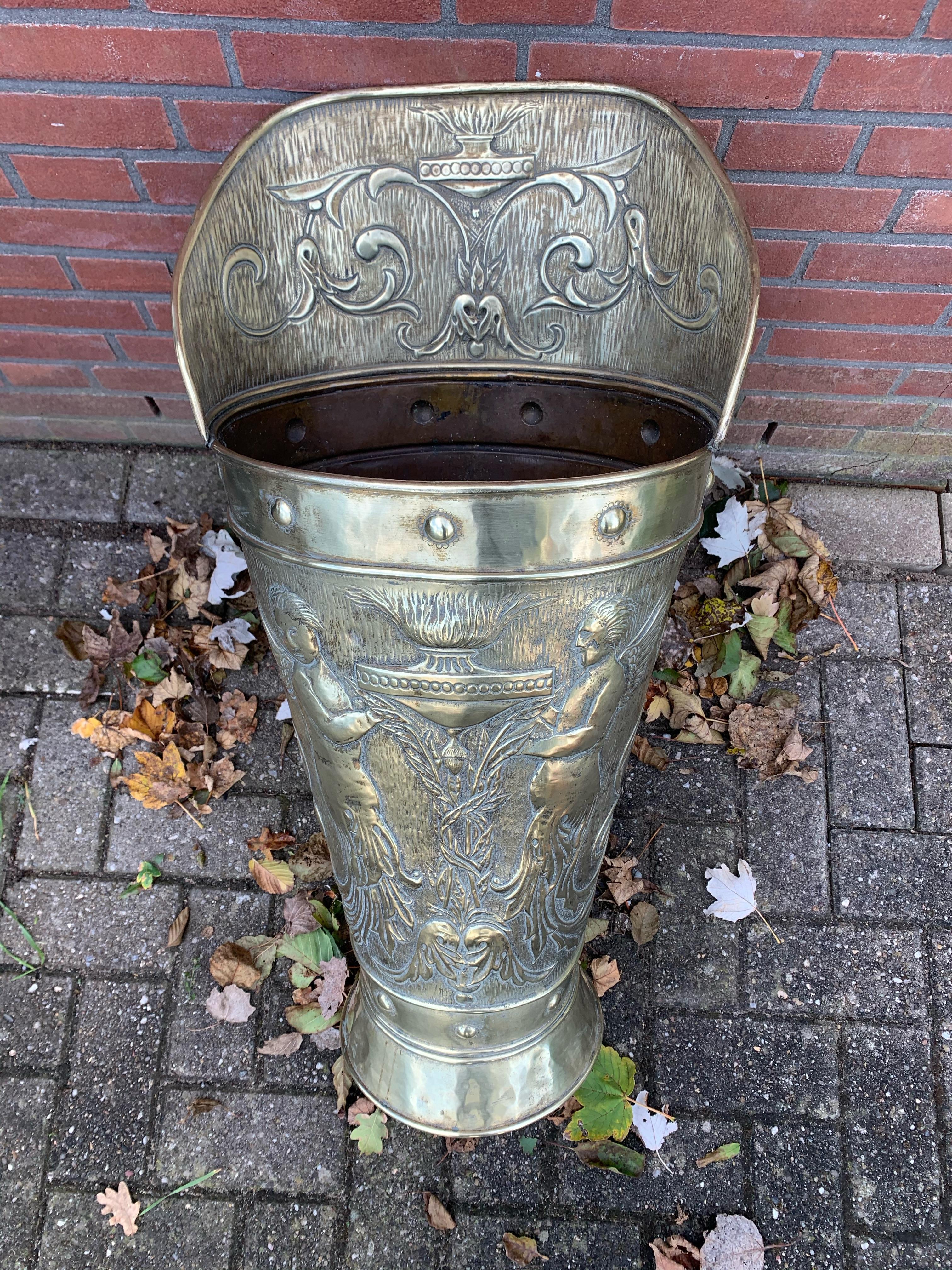 Arts & Crafts Era Embossed Brass with Angel Sculptures Umbrella and Stick Stand For Sale 1