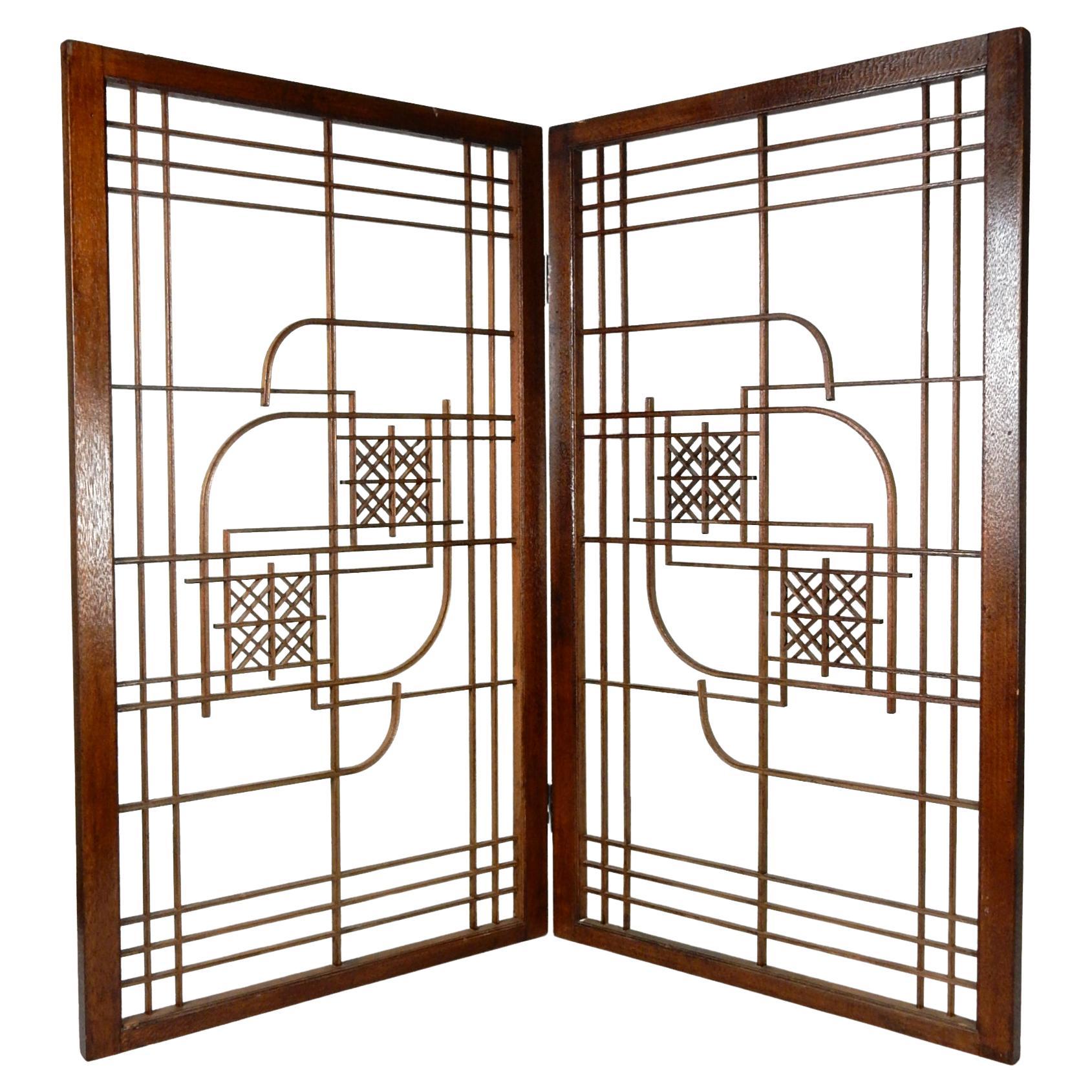 Arts & Crafts Era Geometric Wood Inlay Window Panel Screen Frank Lloyd Wright