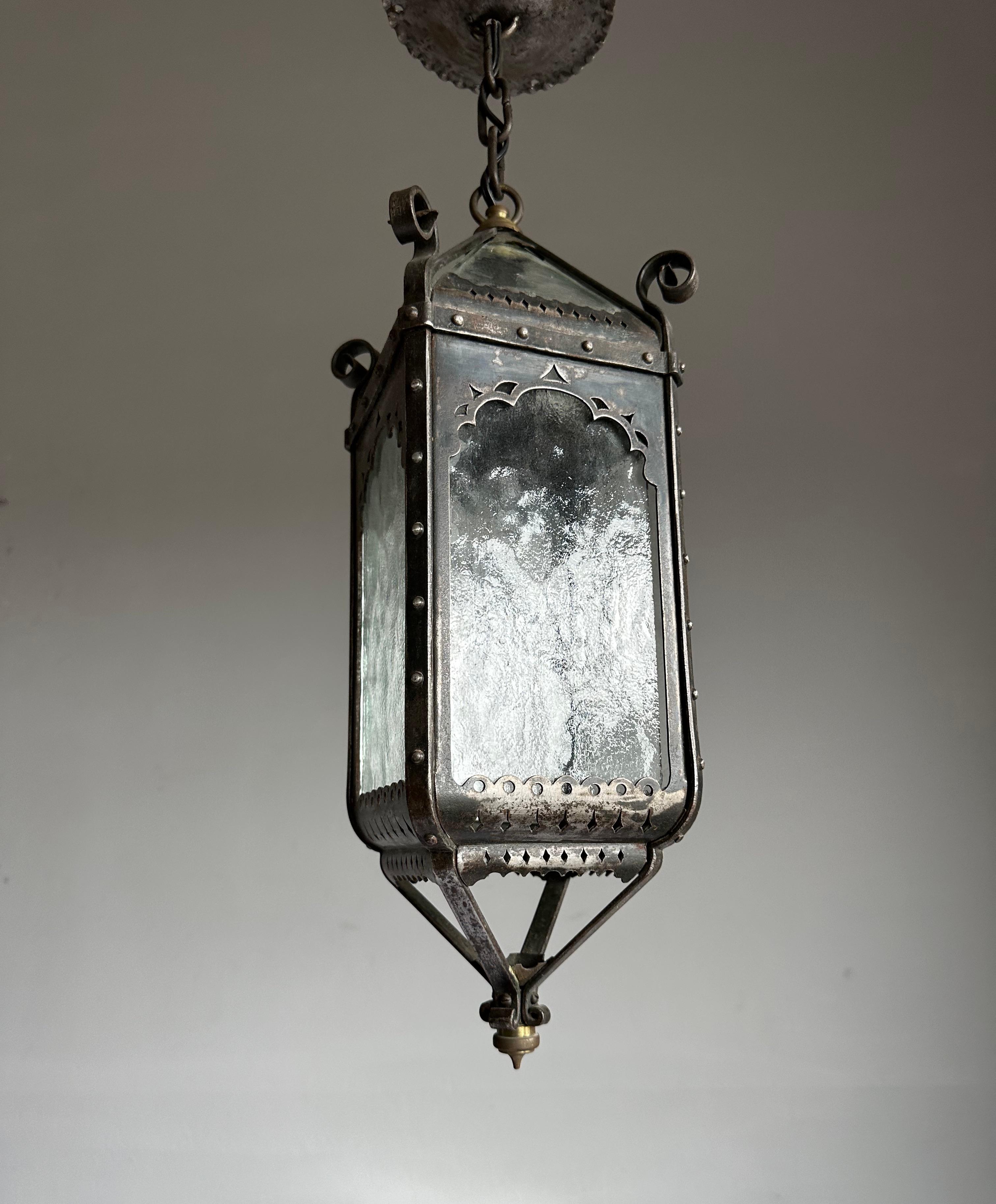 Arts & Crafts Era Gothic Revival Nailed Wrought Iron & Glass Lantern, Pendant 4